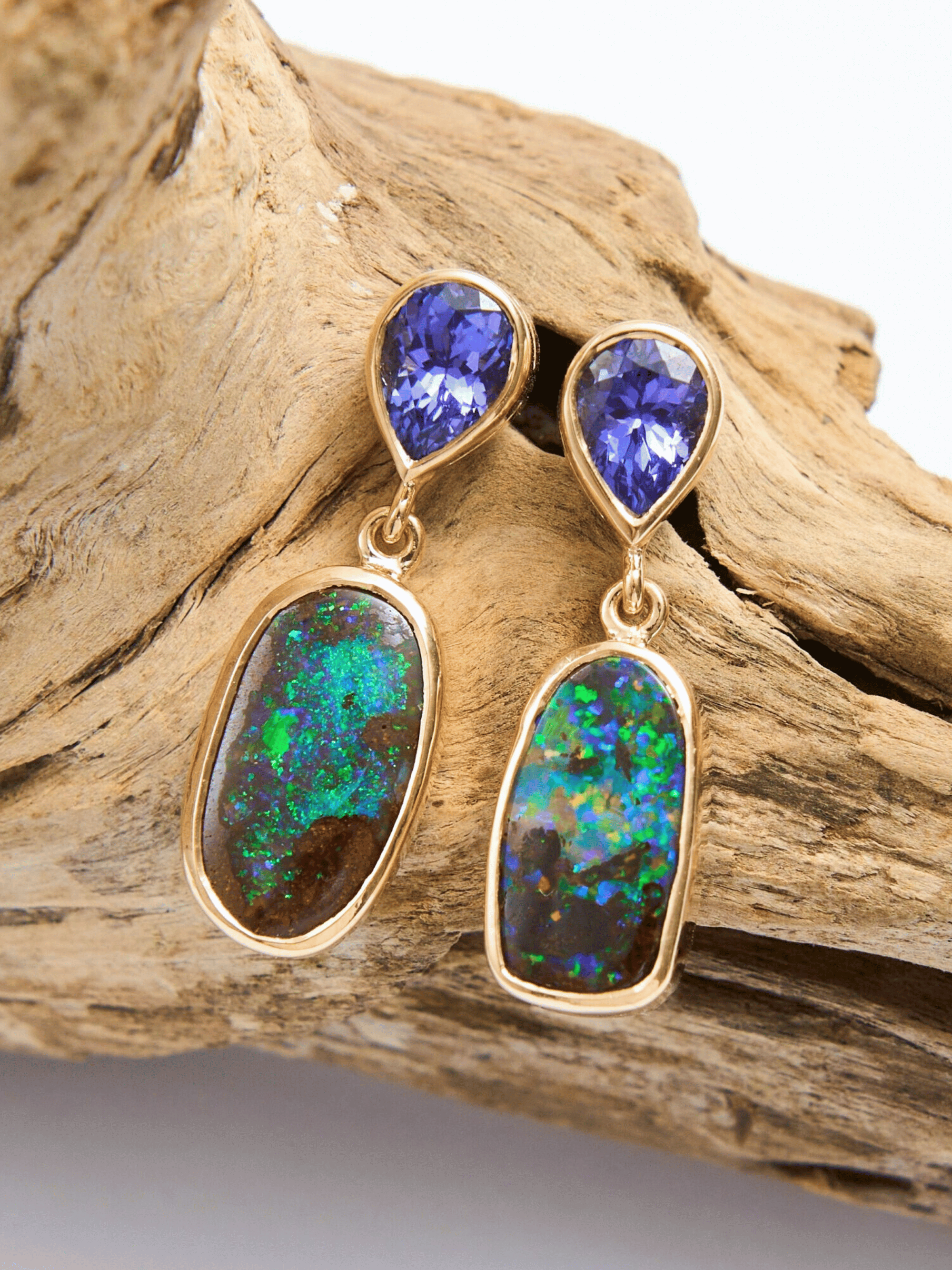 Boulder Opal and Tanzanite 18K Gold Drop Earrings
