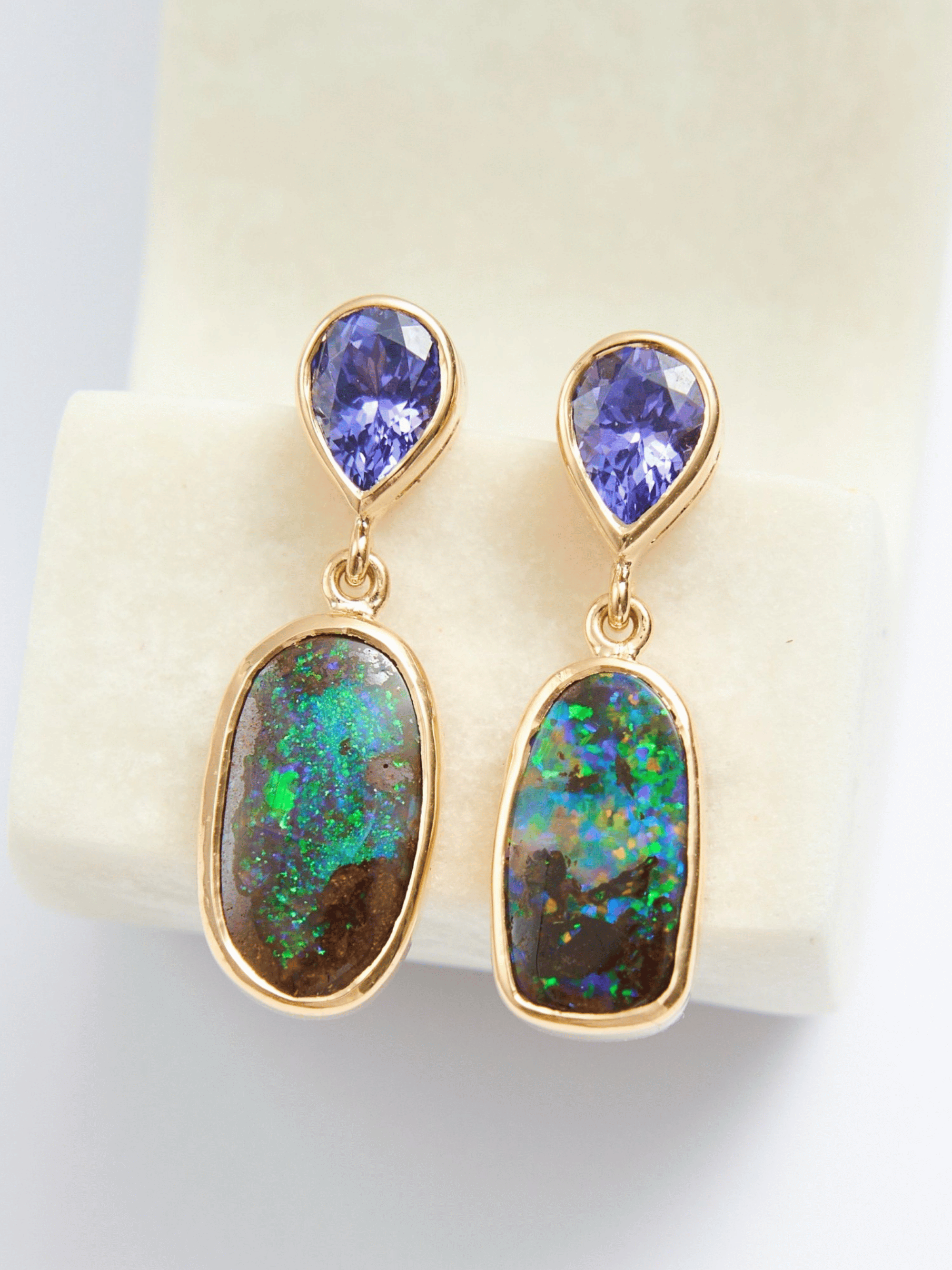 Boulder Opal and Tanzanite 18K Gold Drop Earrings