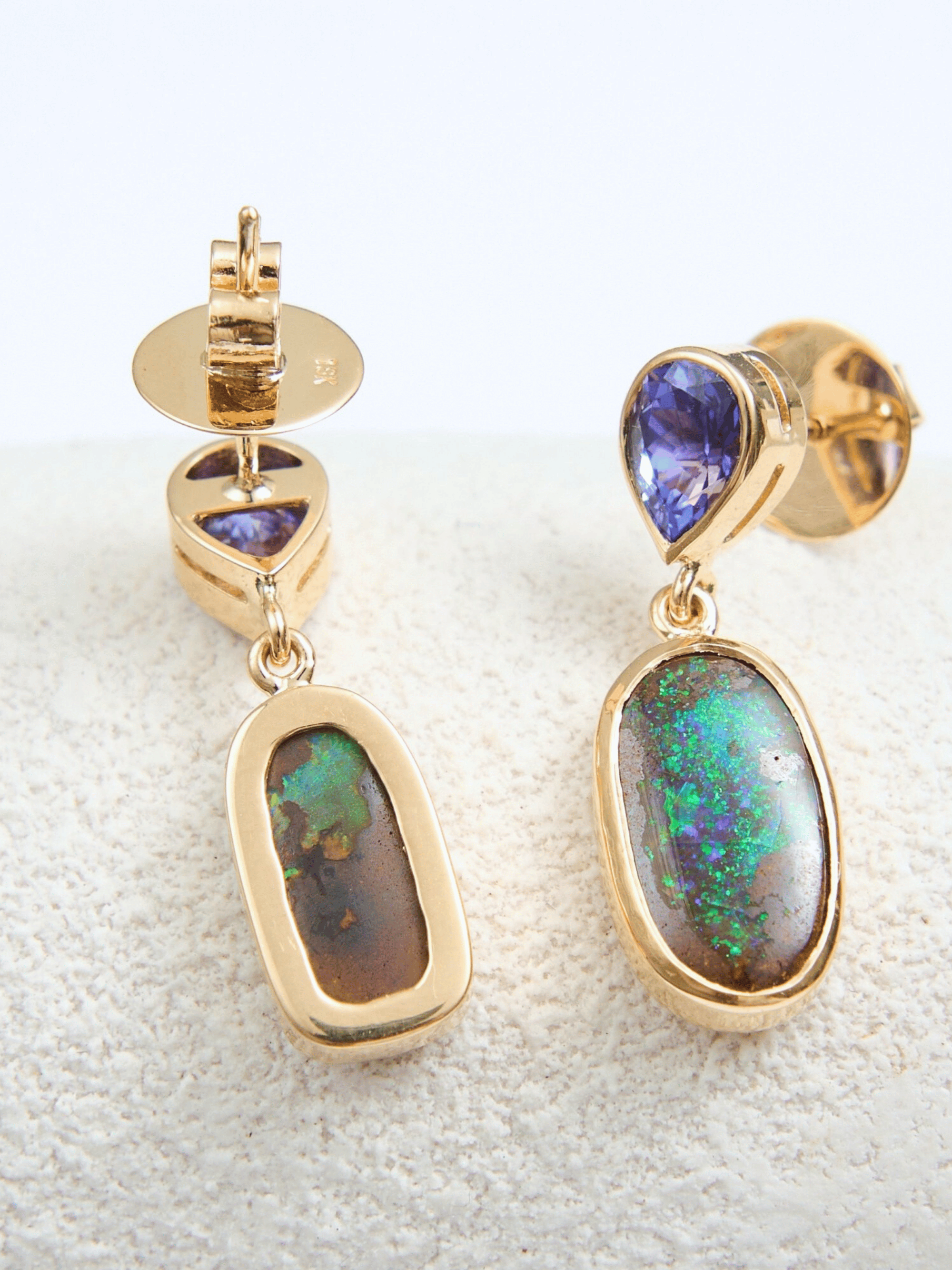 Boulder Opal and Tanzanite 18K Gold Drop Earrings