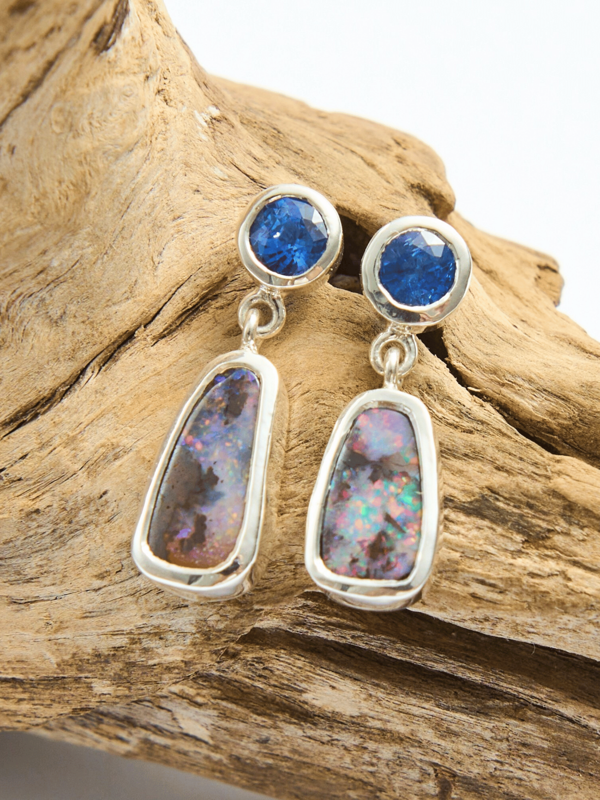 Boulder Opal and Tanzanite Silver Drop Earrings