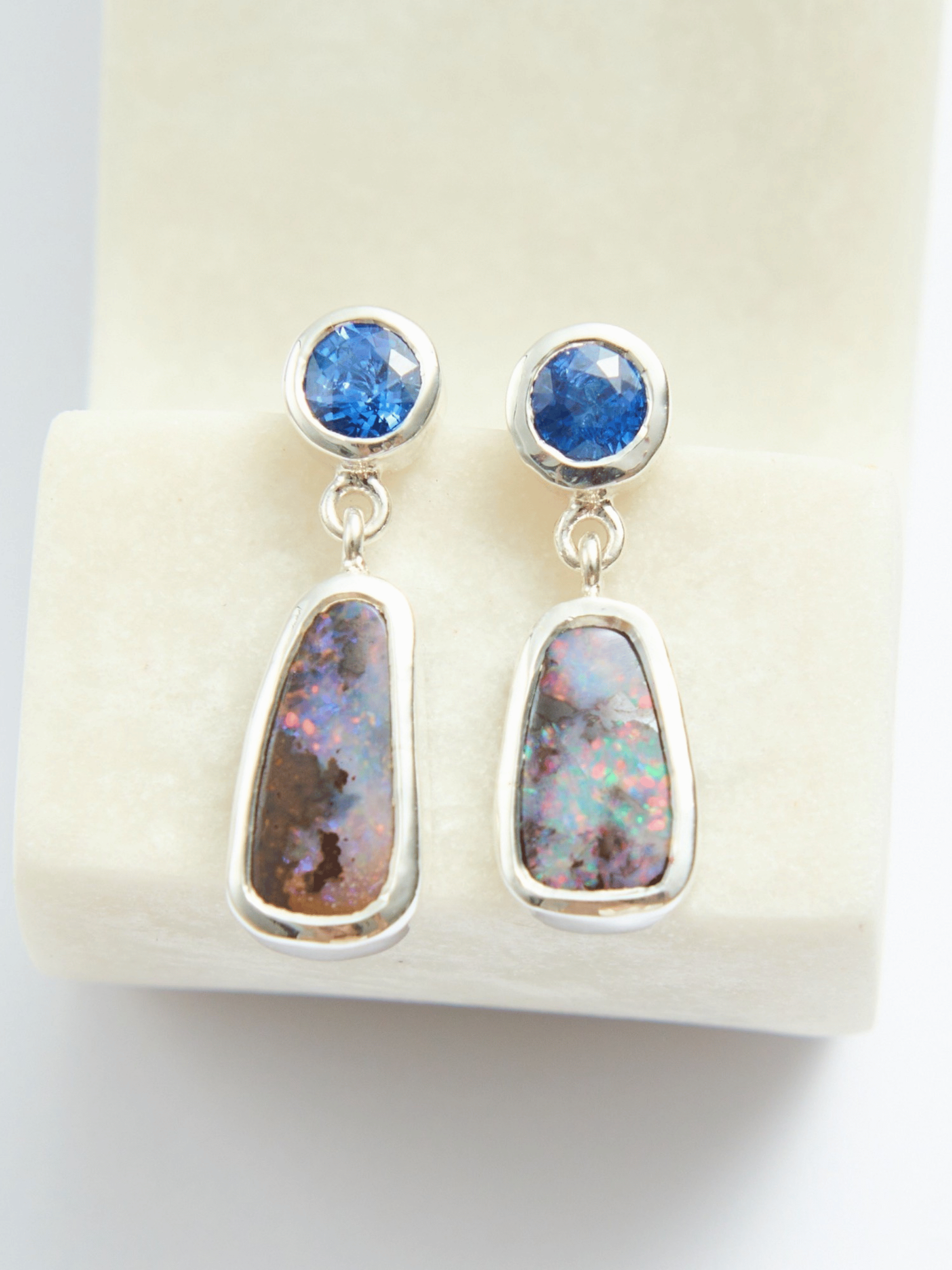 Boulder Opal and Tanzanite Silver Drop Earrings