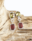 Green Tourmaline and Red Garnet Silver Drop Earrings