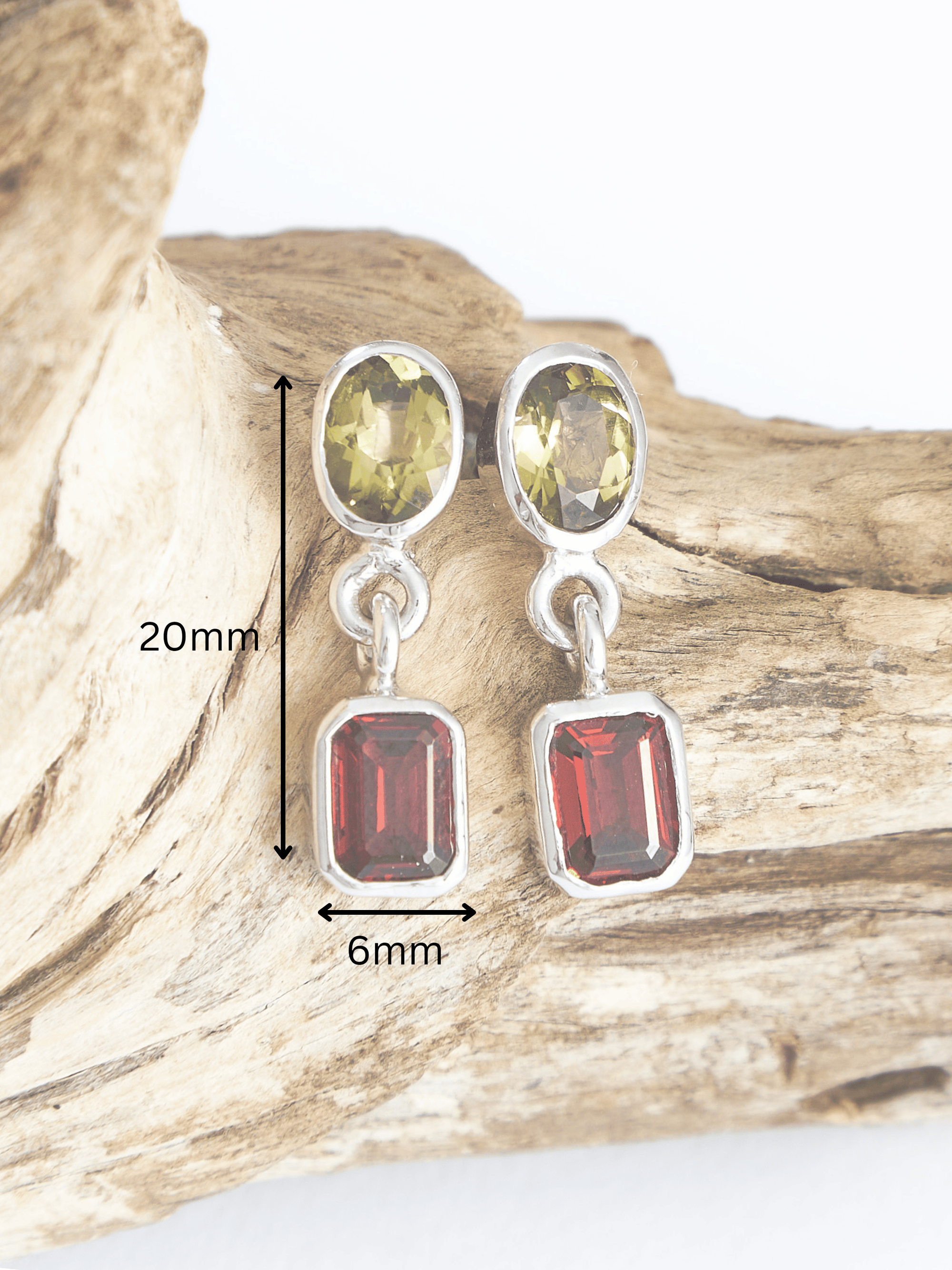 Green Tourmaline and Red Garnet Silver Drop Earrings measurements