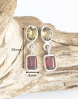 Green Tourmaline and Red Garnet Silver Drop Earrings measurements