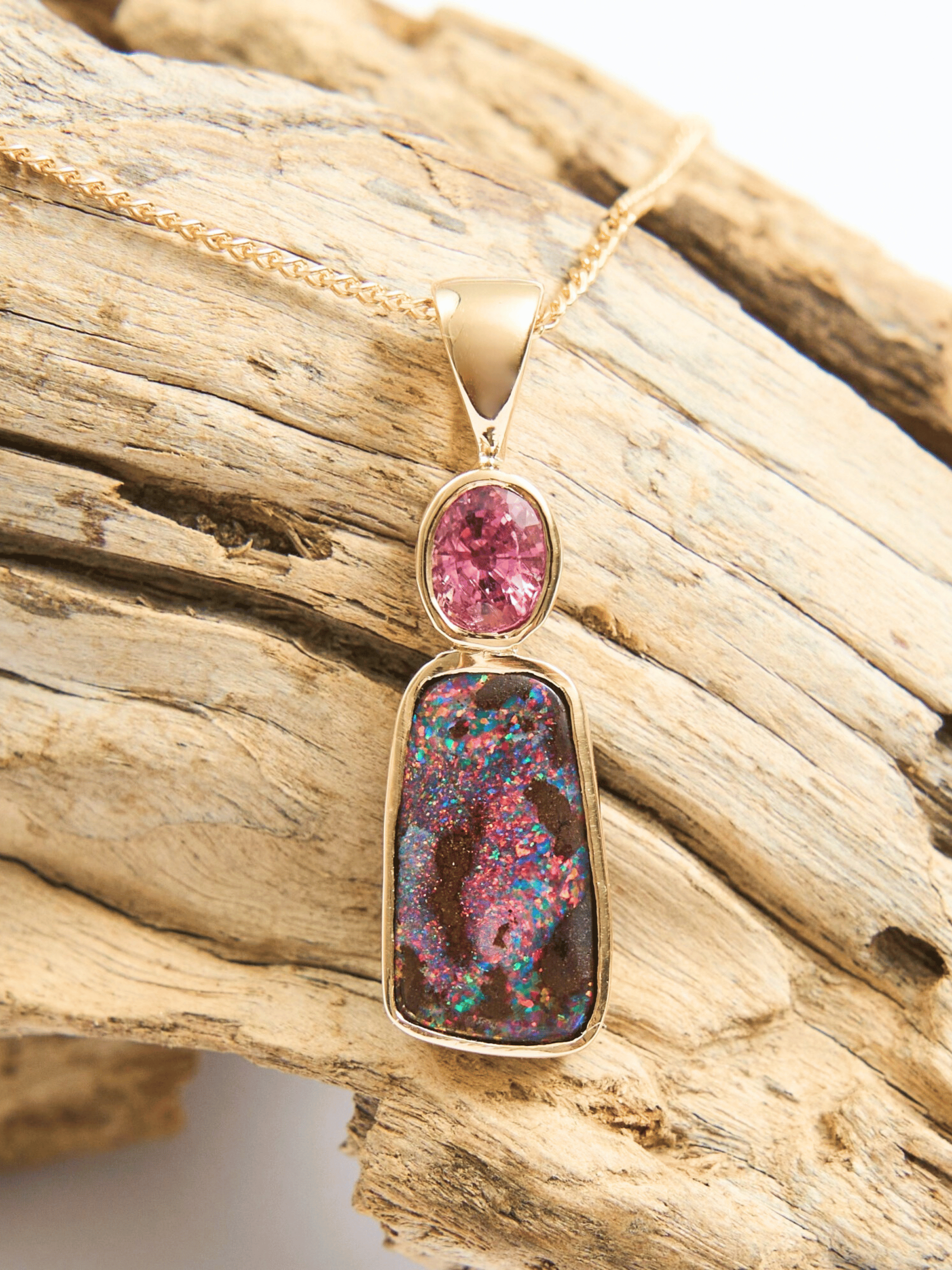 Pink Boulder Opal and Pink Sapphire 18K Gold Pendant