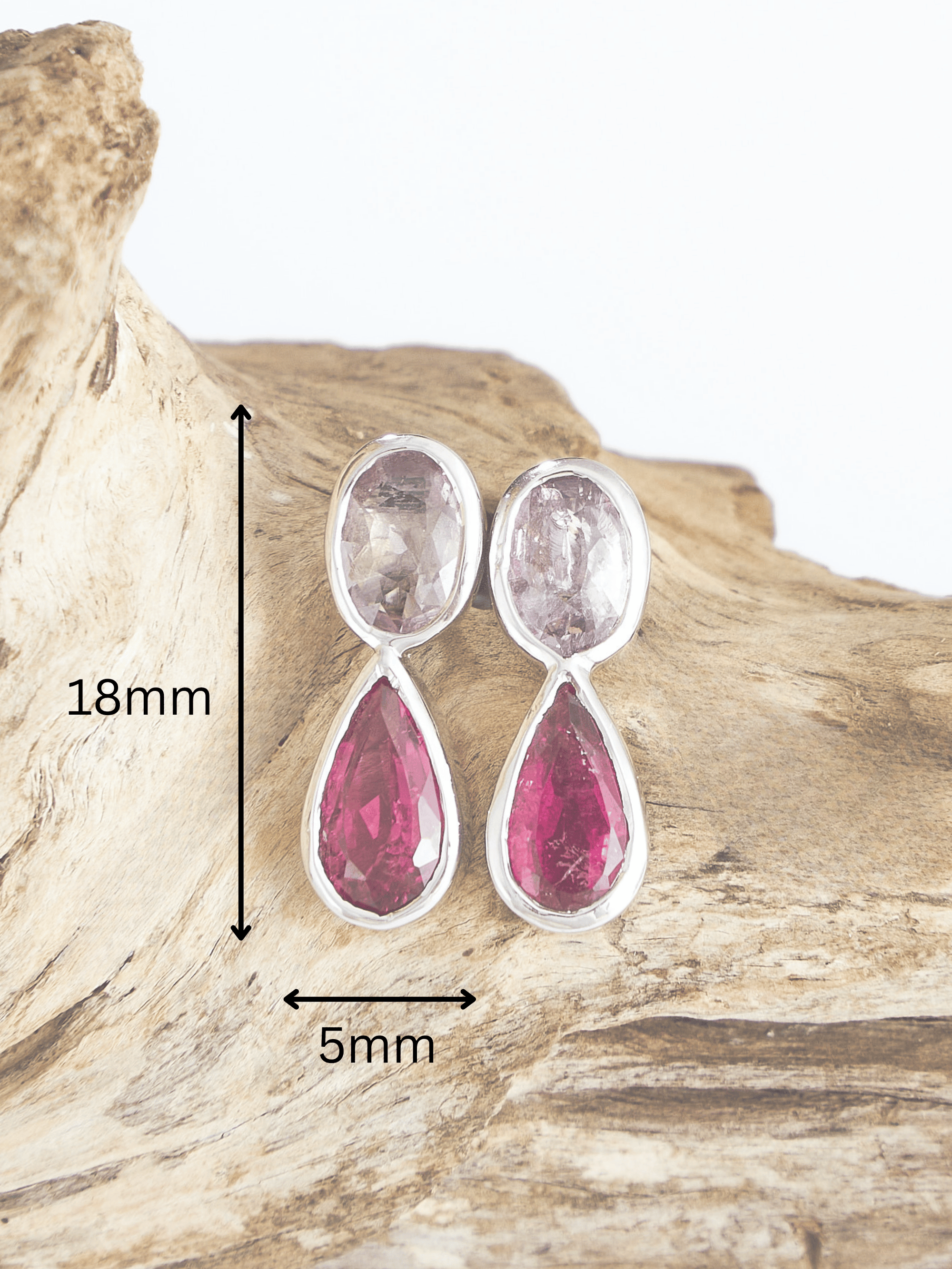 Pink Spinel and Tourmaline Silver Drop Earrings measurements