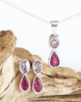 Pink Spinel and Tourmaline silver Earrings and Pendant set