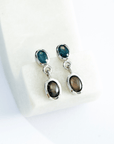 Teal Sapphire with Star Sapphire Silver Drop Earrings