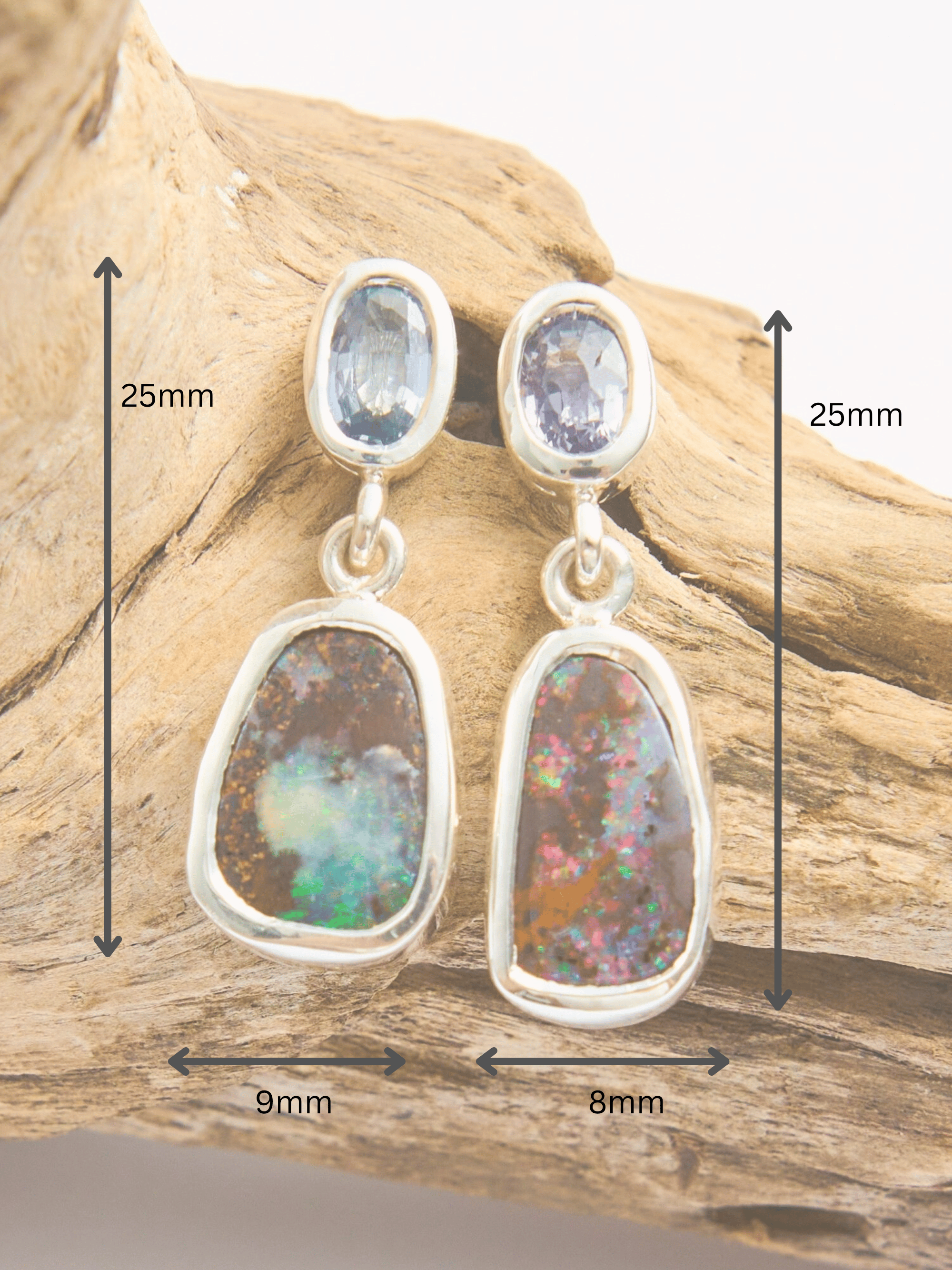 Boulder Opal and Silver Blue Sapphires Silver Drop Earrings