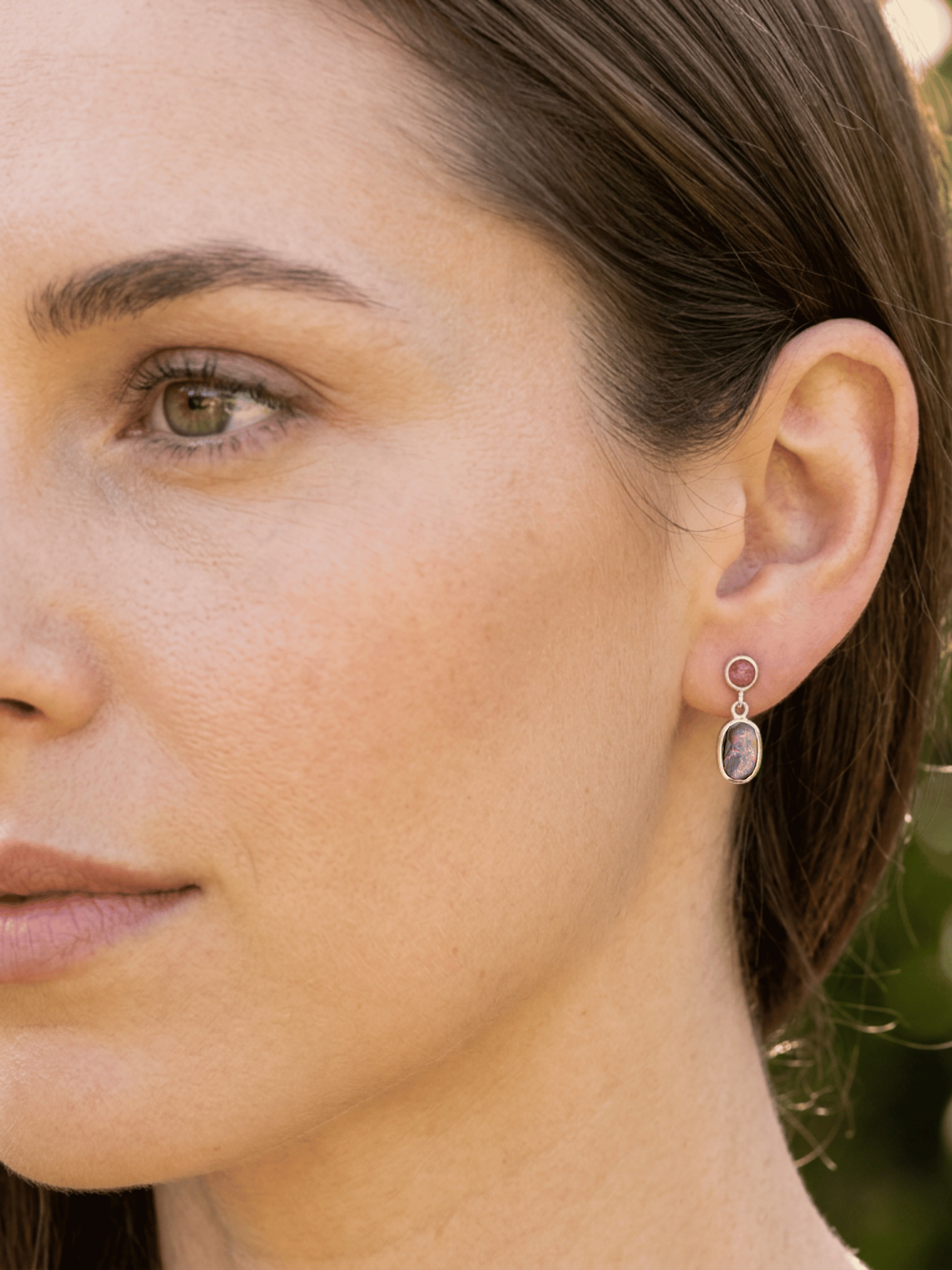 Boulder Opal and Ruby Drop Silver Earrings
