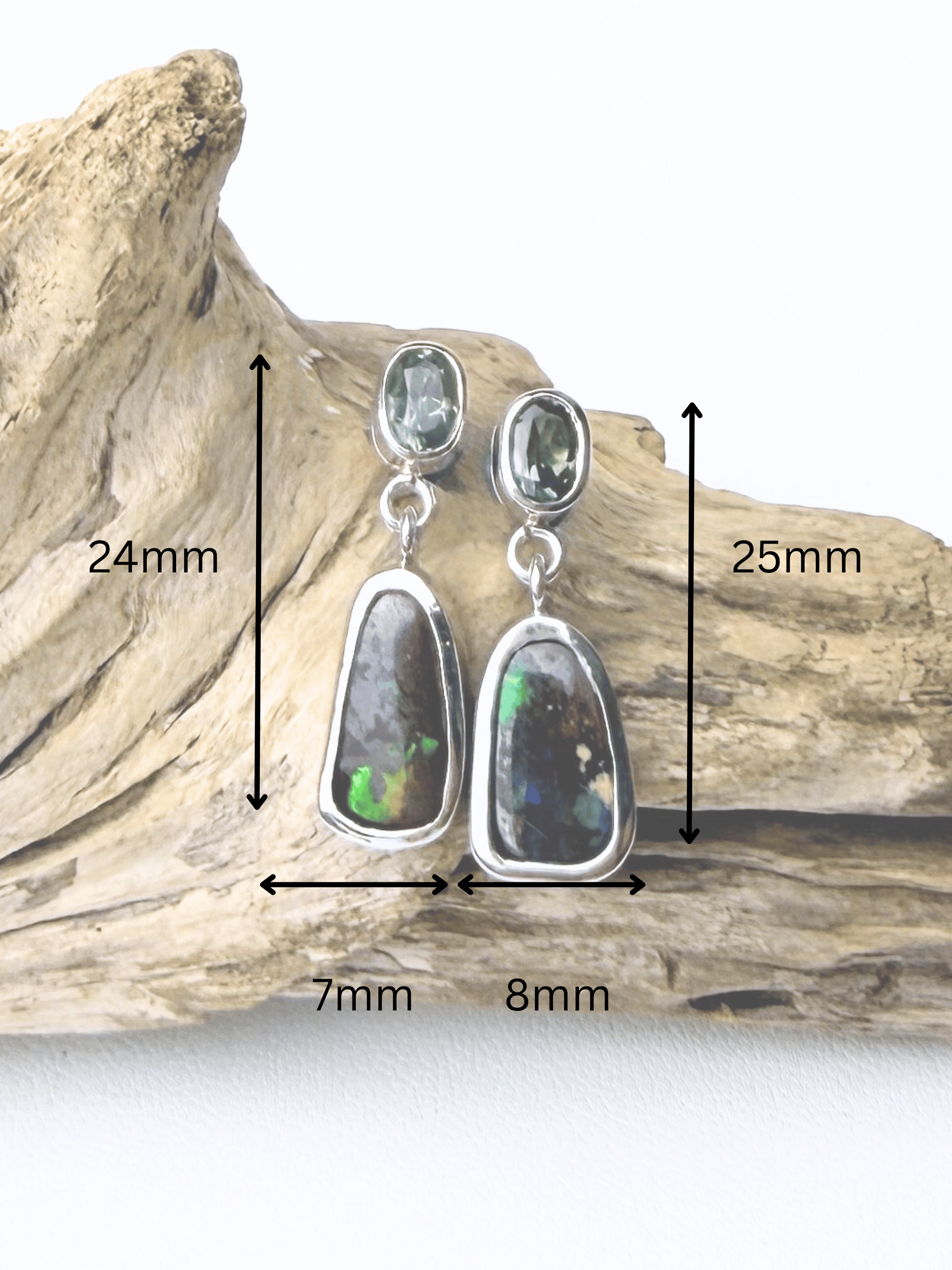 Boulder Opal and Pale Green Sapphire Drop Silver Earrings