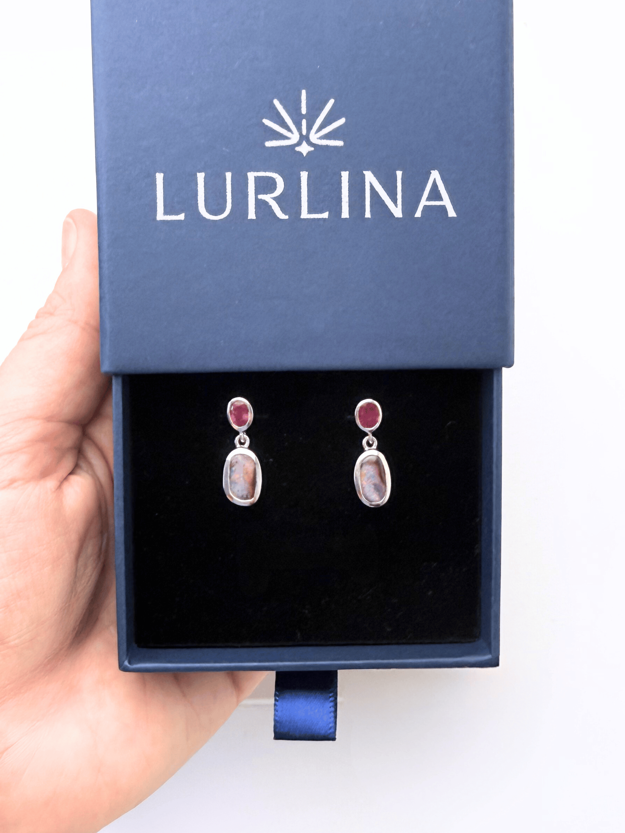 Boulder Opal and Ruby Drop Silver Earrings