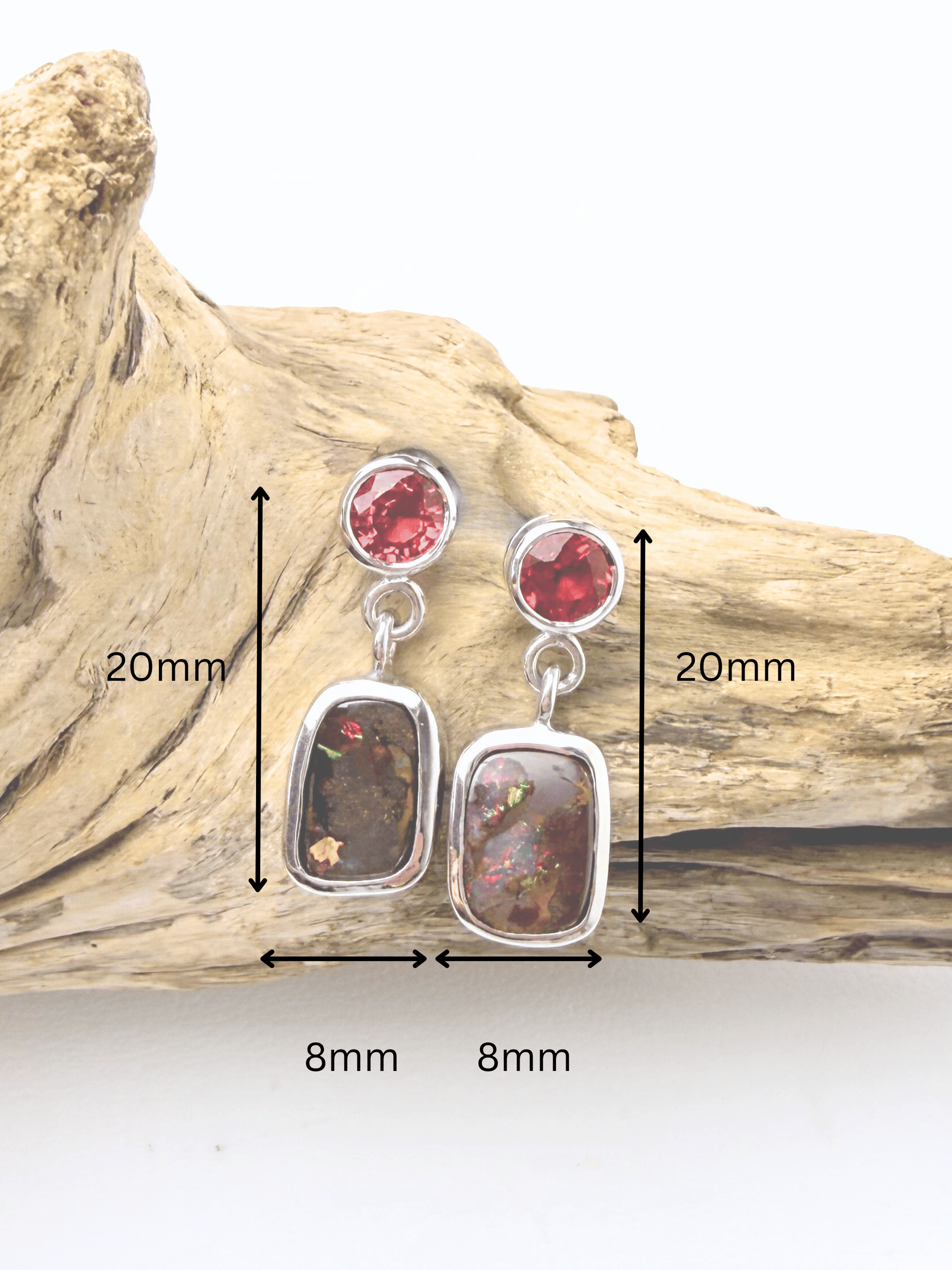 Boulder Opal and Bright Ruby Drop Silver Earrings