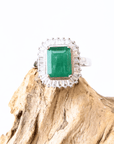 Emerald Sunburst Halo Silver Ring