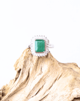Emerald Sunburst Halo Silver Ring