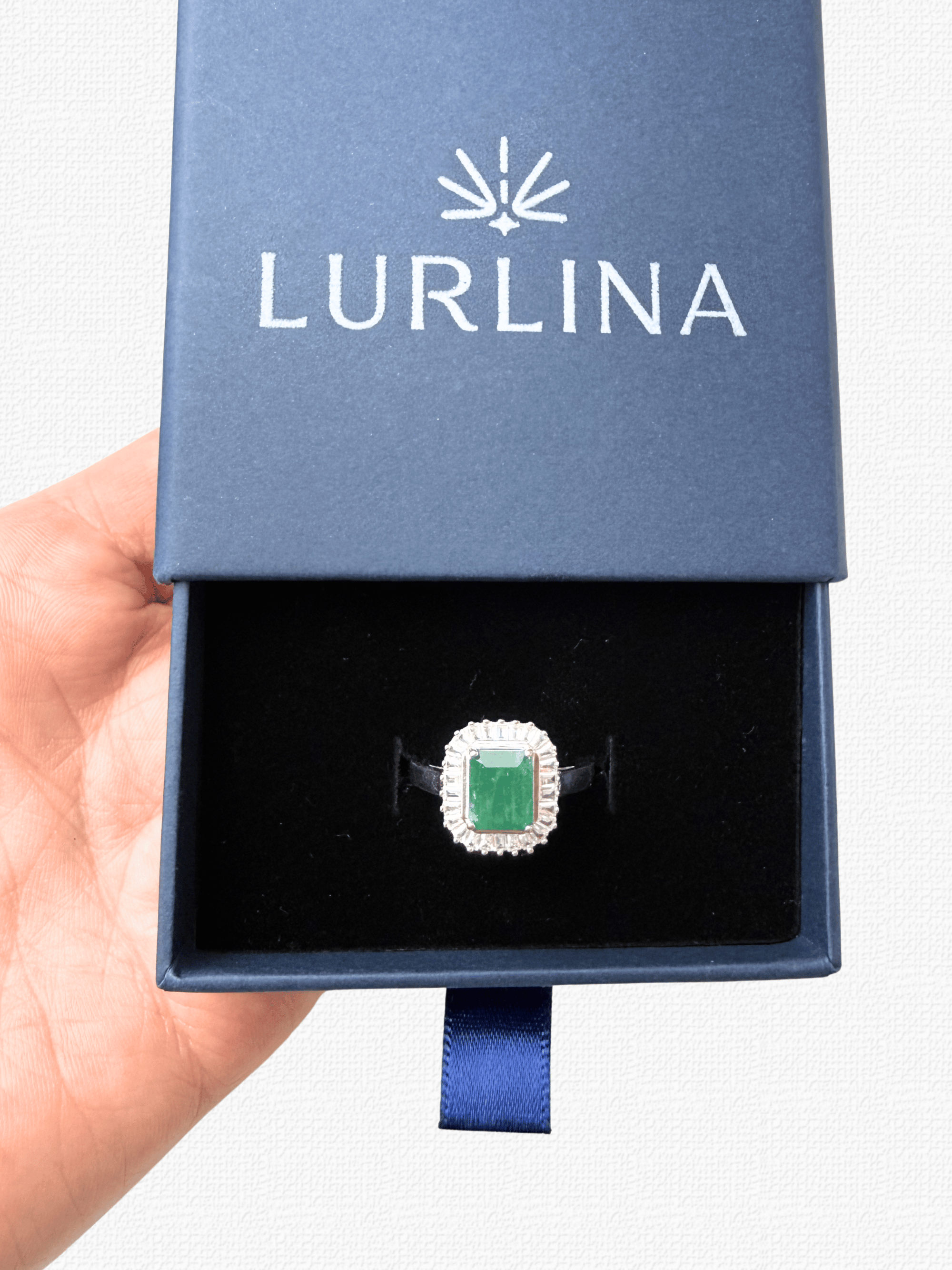 Emerald Sunburst Halo Silver Ring