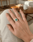 Emerald Sunburst Halo Silver Ring