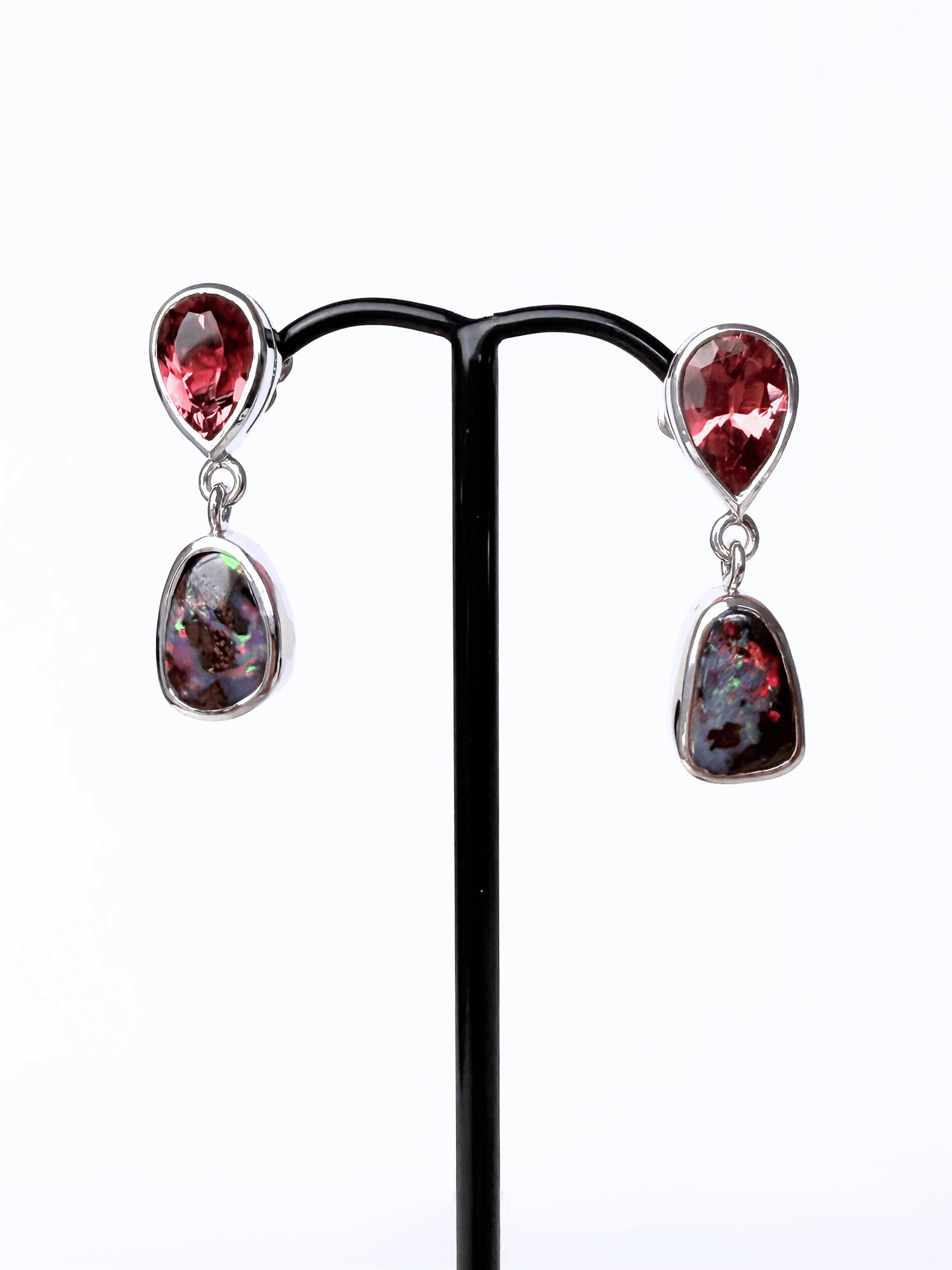 Boulder Opal and Pink Pear Tourmaline Drop Silver Earrings