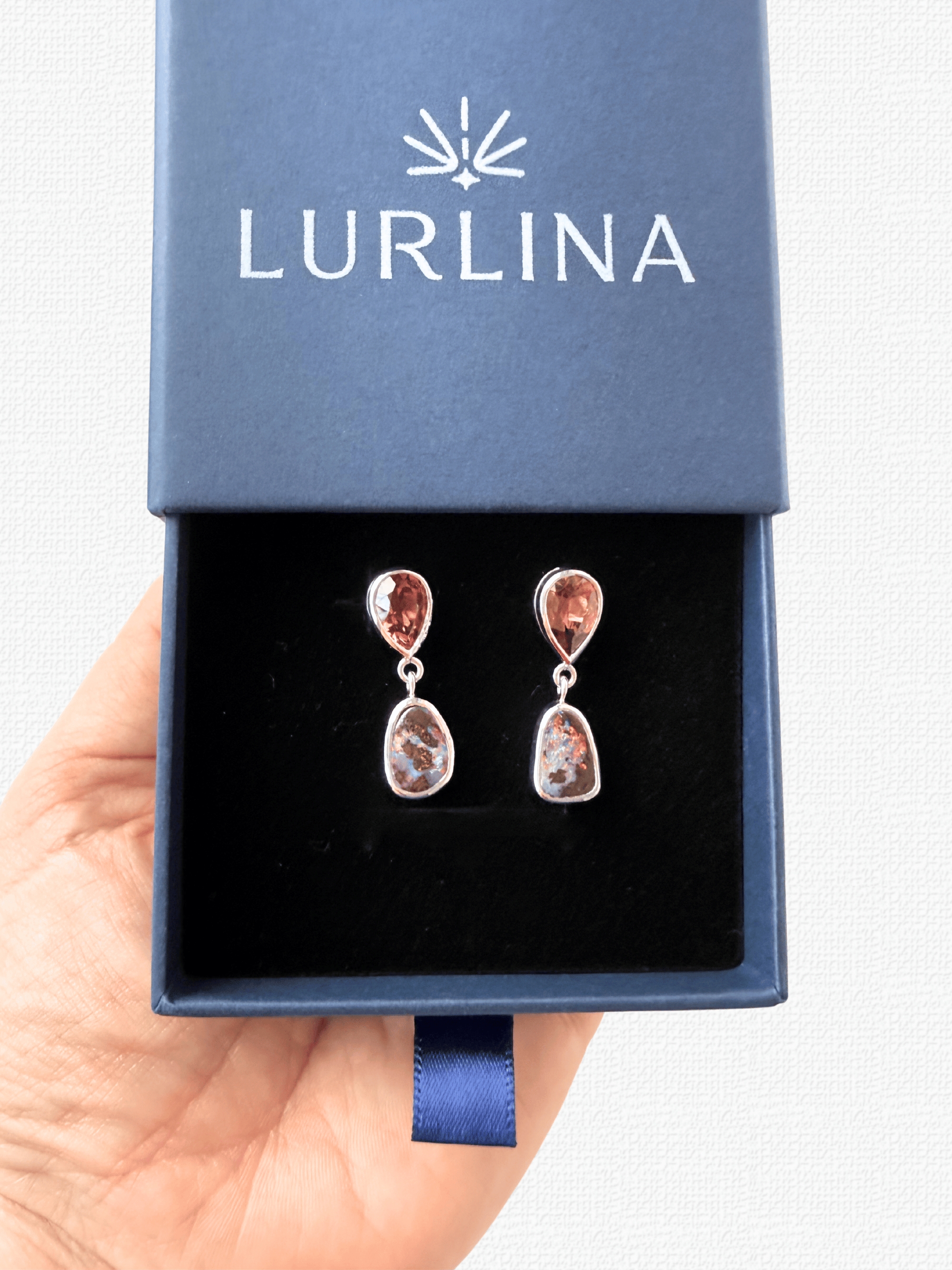 Boulder Opal and Pink Pear Tourmaline Drop Silver Earrings
