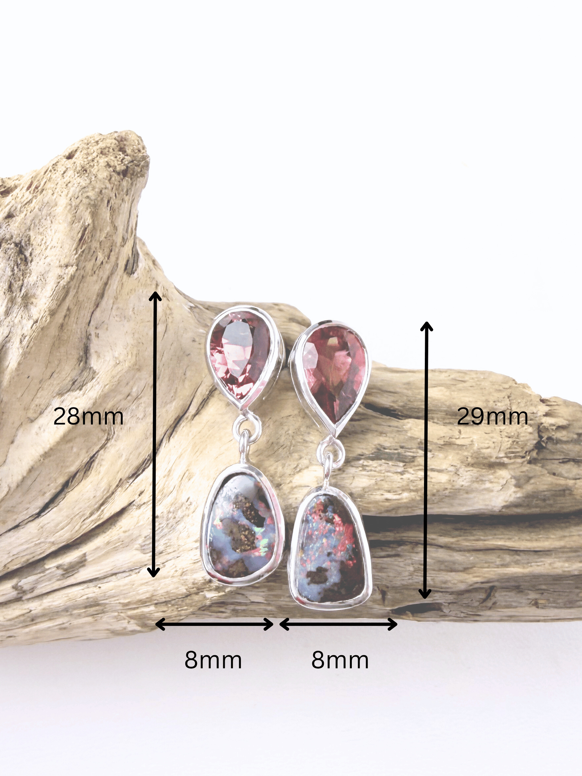 Boulder Opal and Pink Pear Tourmaline Drop Silver Earrings