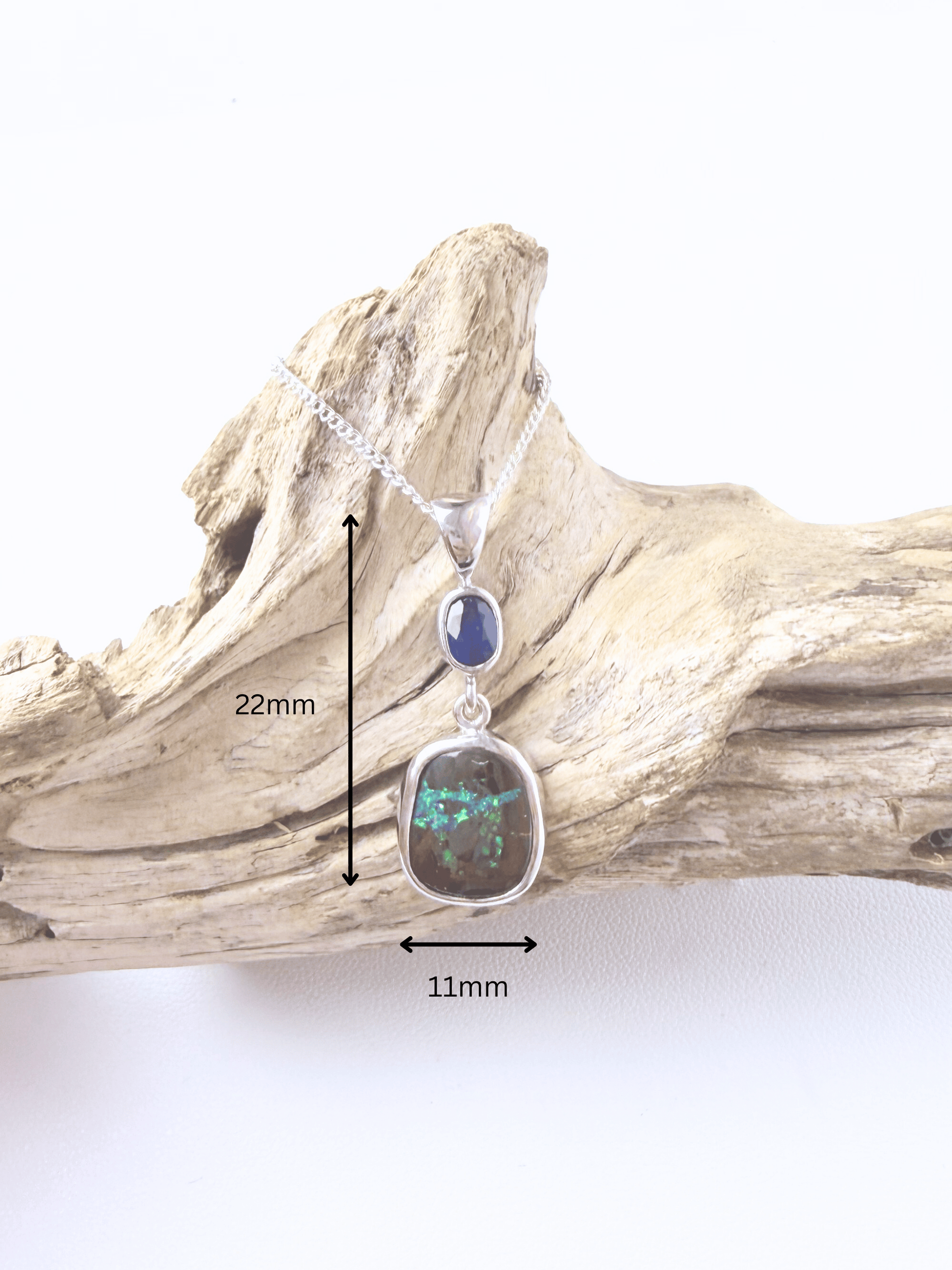 Boulder Opal with Blue Sapphire Silver Drop Pendant