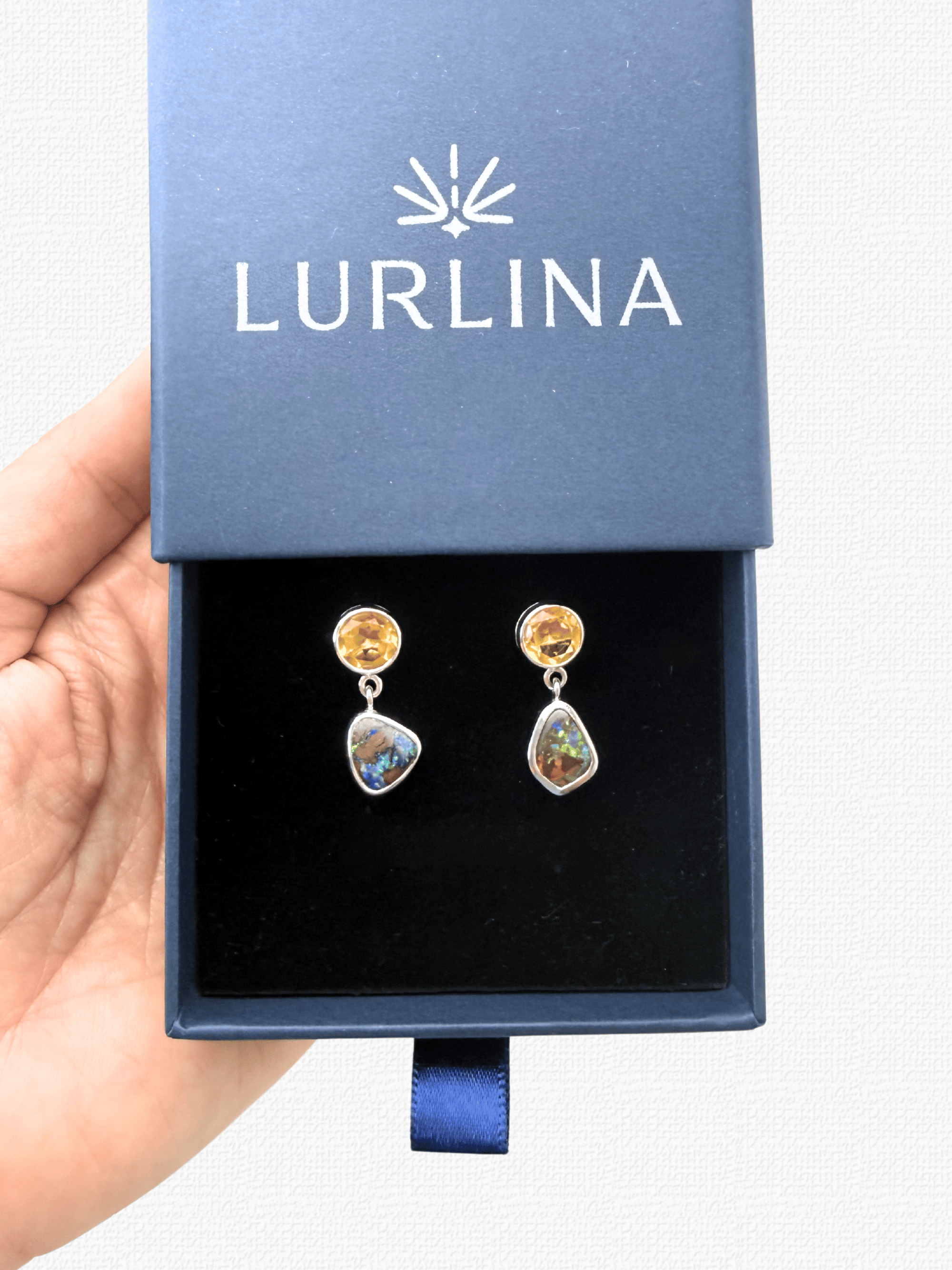 Boulder Opal and Citrine Drop Silver Earrings
