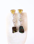 Boulder Opal, Citrine Trilliant and Aquamarine Drop Silver Earrings