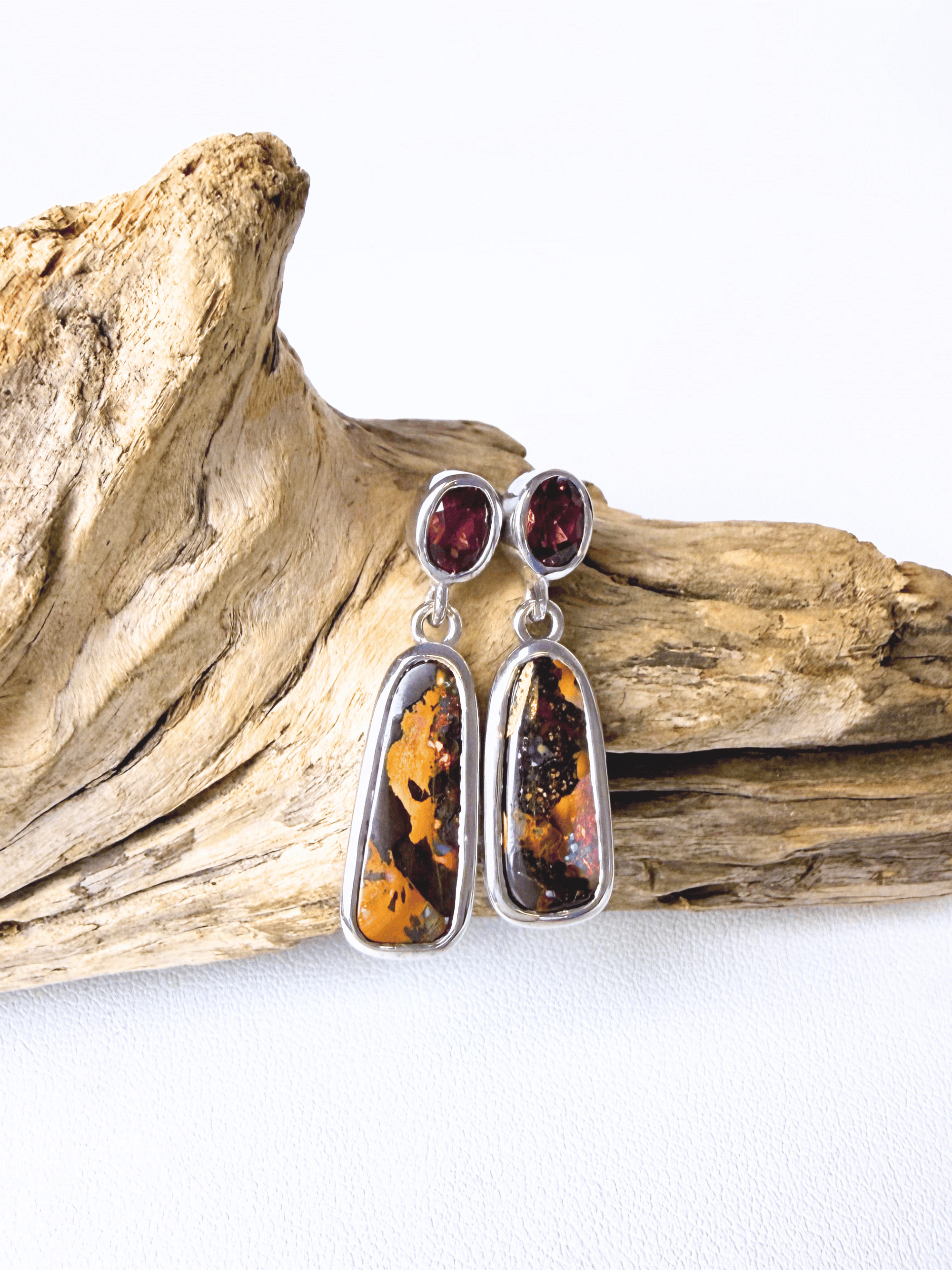 Boulder Opal and Malaya Garnet Silver Drop Earrings