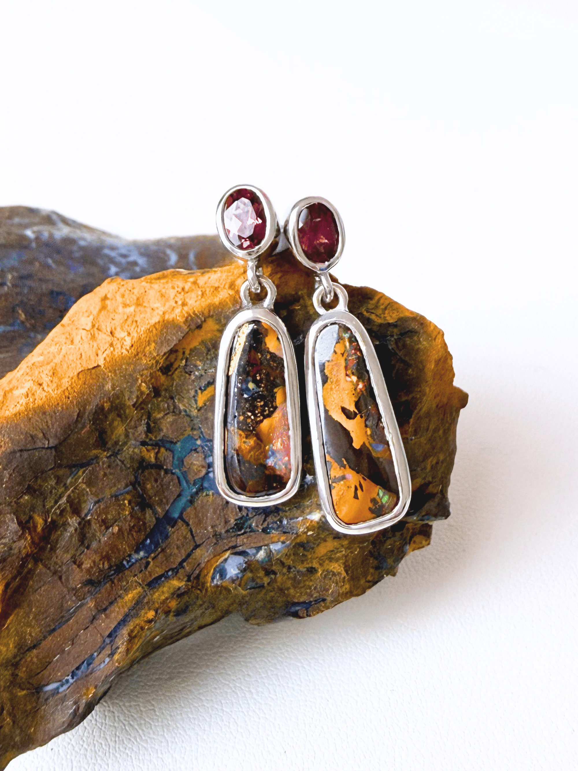 Boulder Opal and Malaya Garnet Silver Drop Earrings