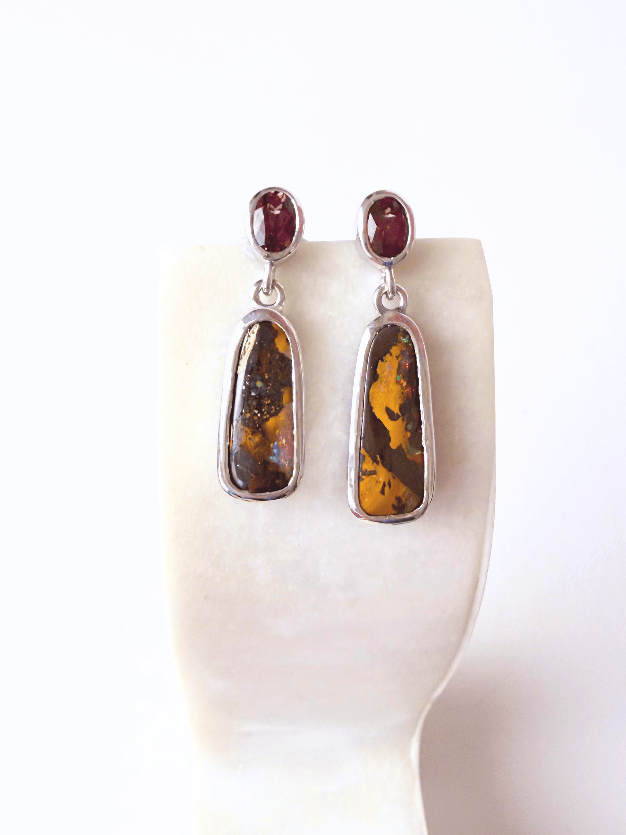 Boulder Opal and Malaya Garnet Silver Drop Earrings