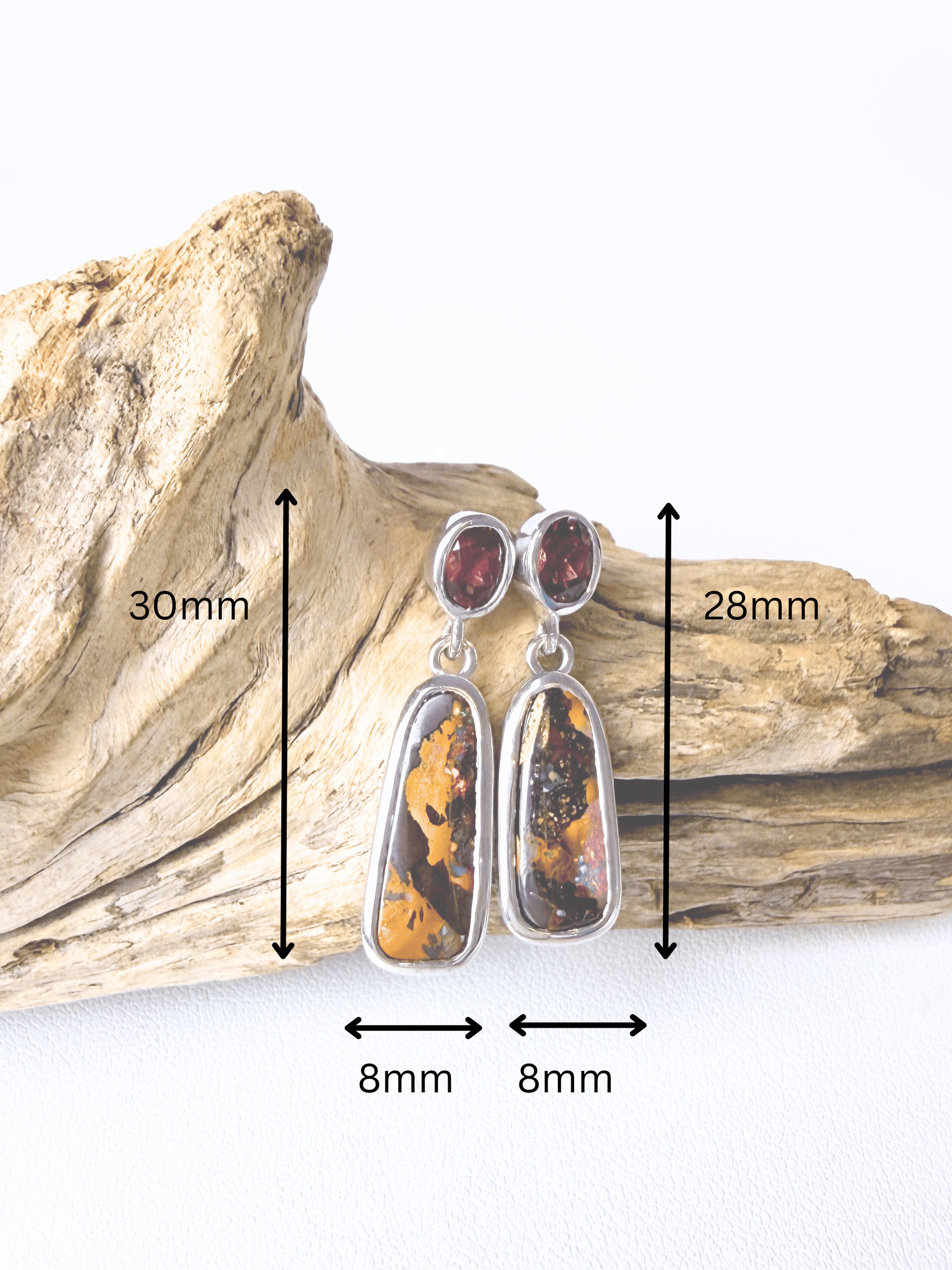 Boulder Opal and Malaya Garnet Silver Drop Earrings
