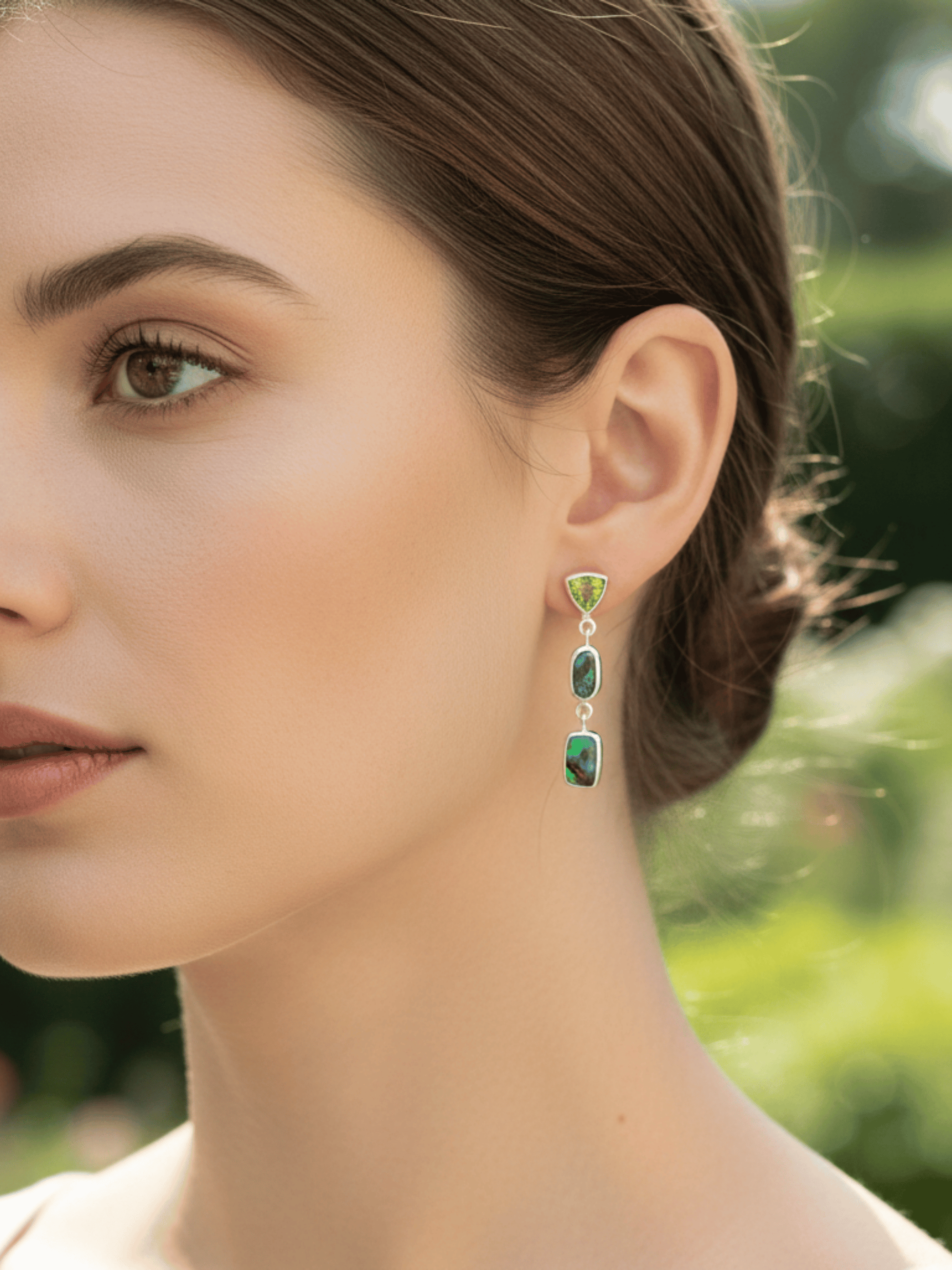 Boulder Opal and Peridot Triple Drop Silver Earrings