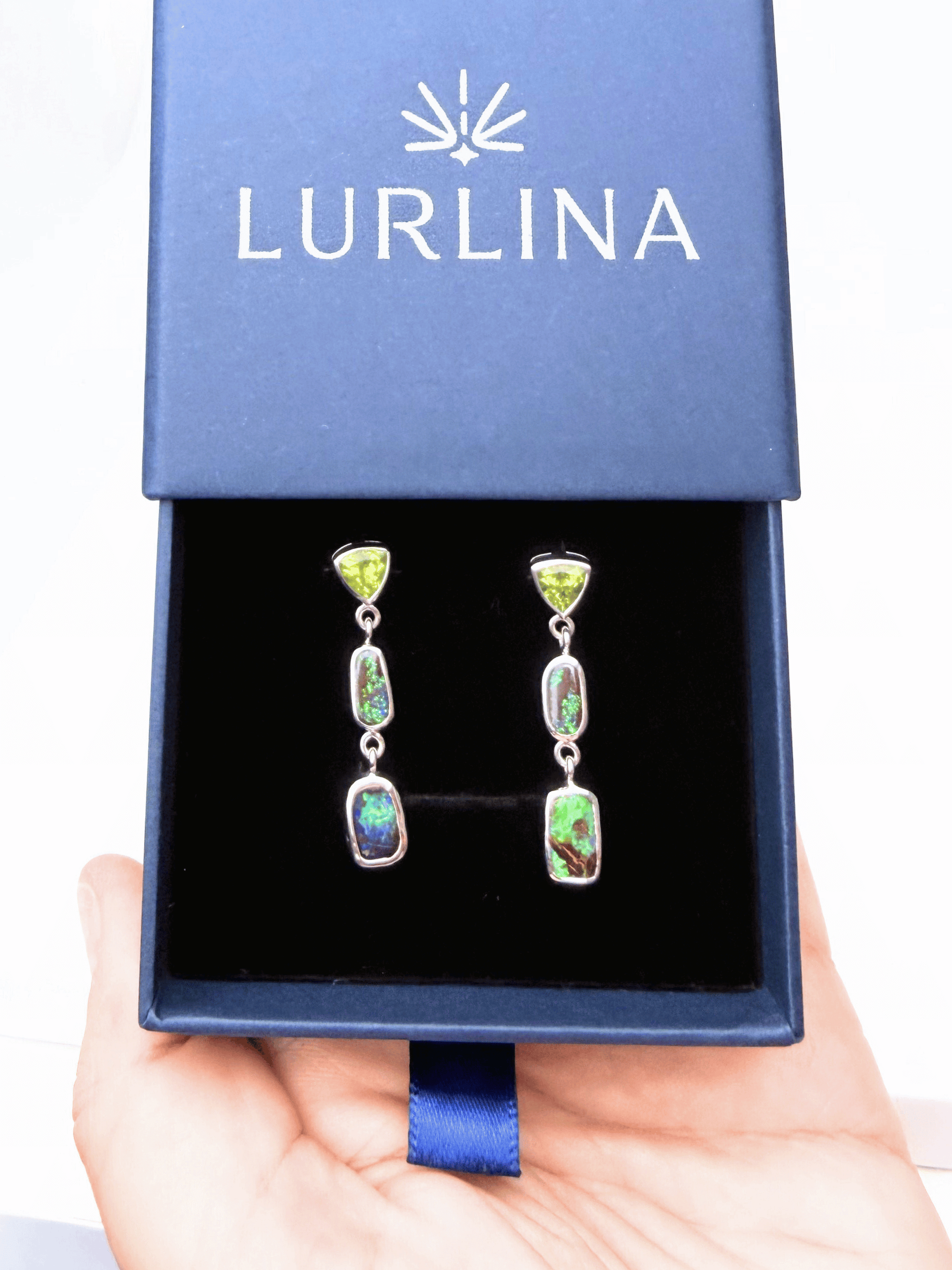 Boulder Opal and Peridot Triple Drop Silver Earrings