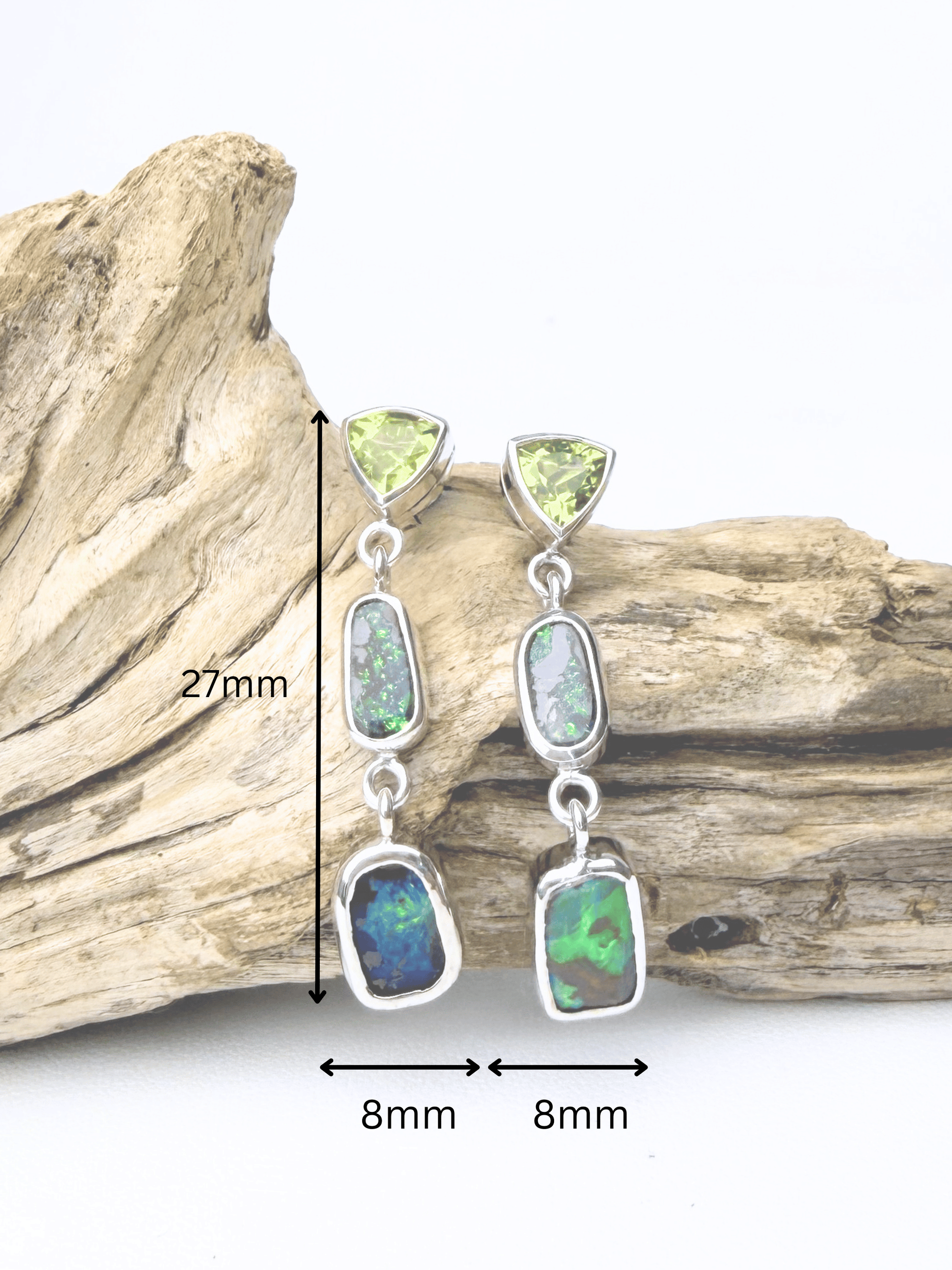 Boulder Opal and Peridot Triple Drop Silver Earrings