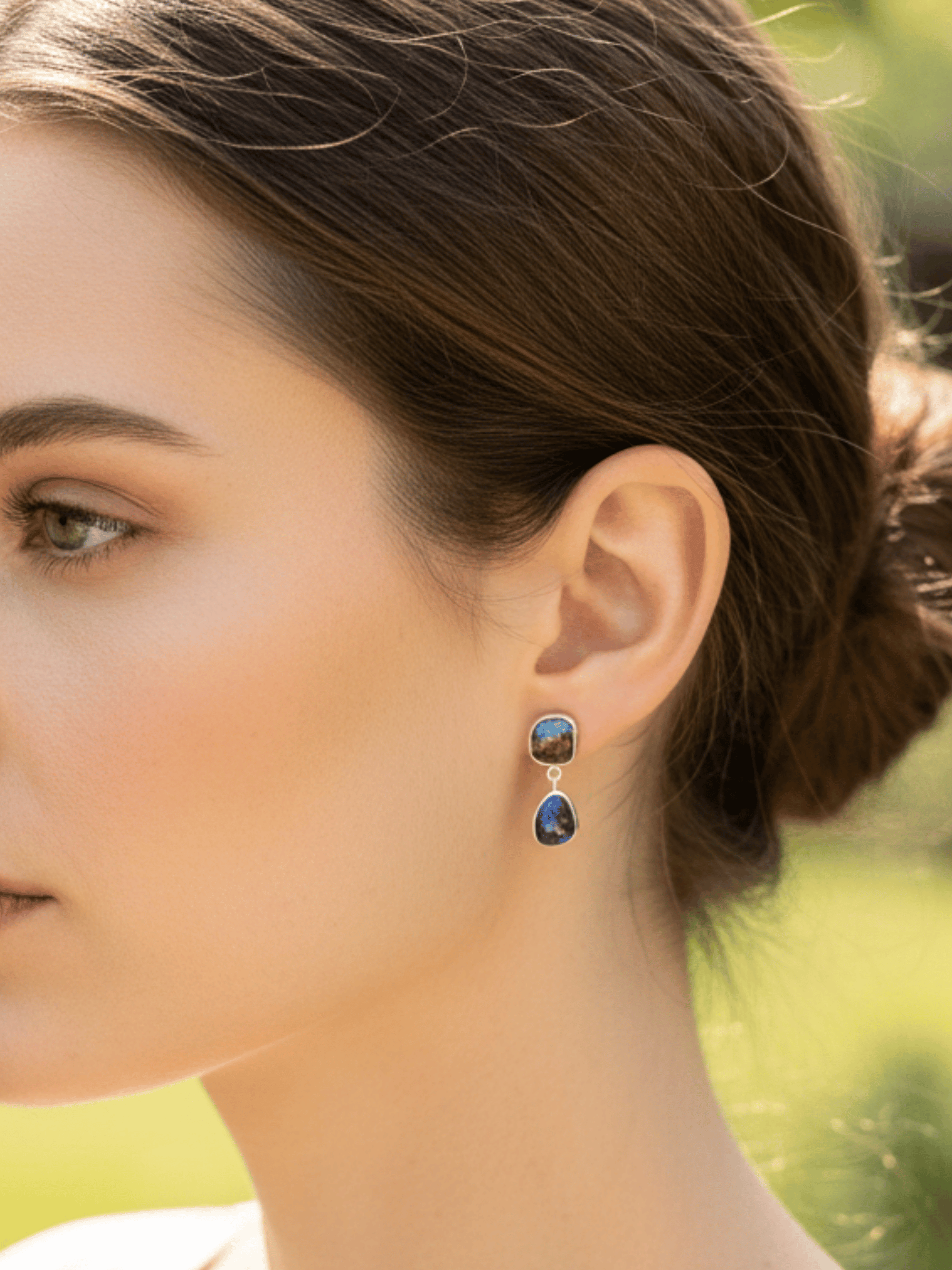 Blue Boulder Opal Double Drop Silver Earrings