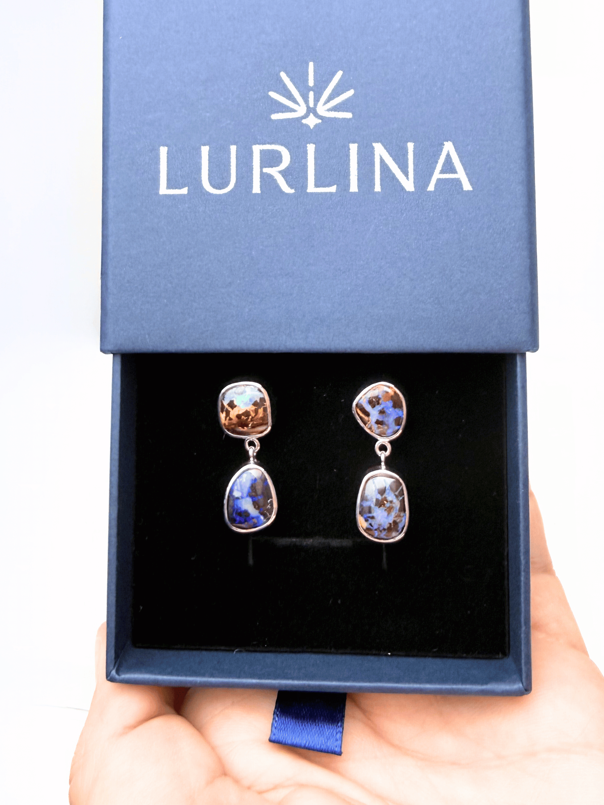 Blue Boulder Opal Double Drop Silver Earrings