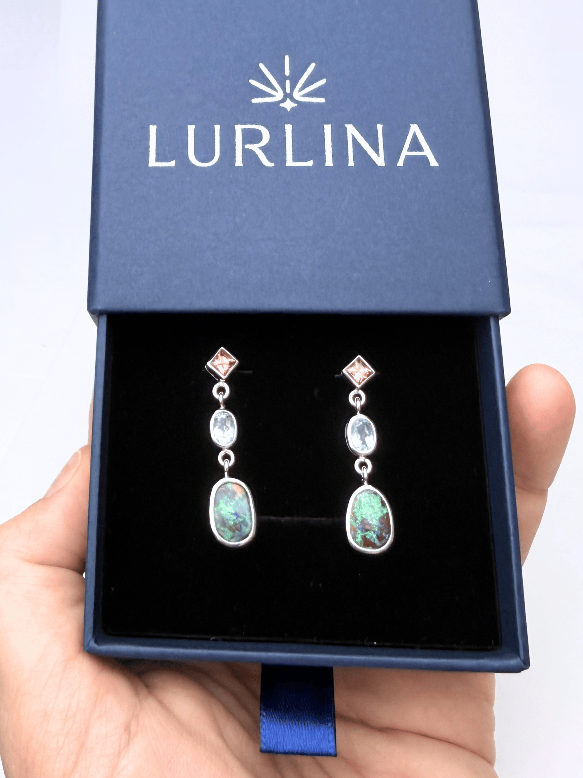Boulder Opal, Pink Spinel and Aquamarine Drop Silver Earrings