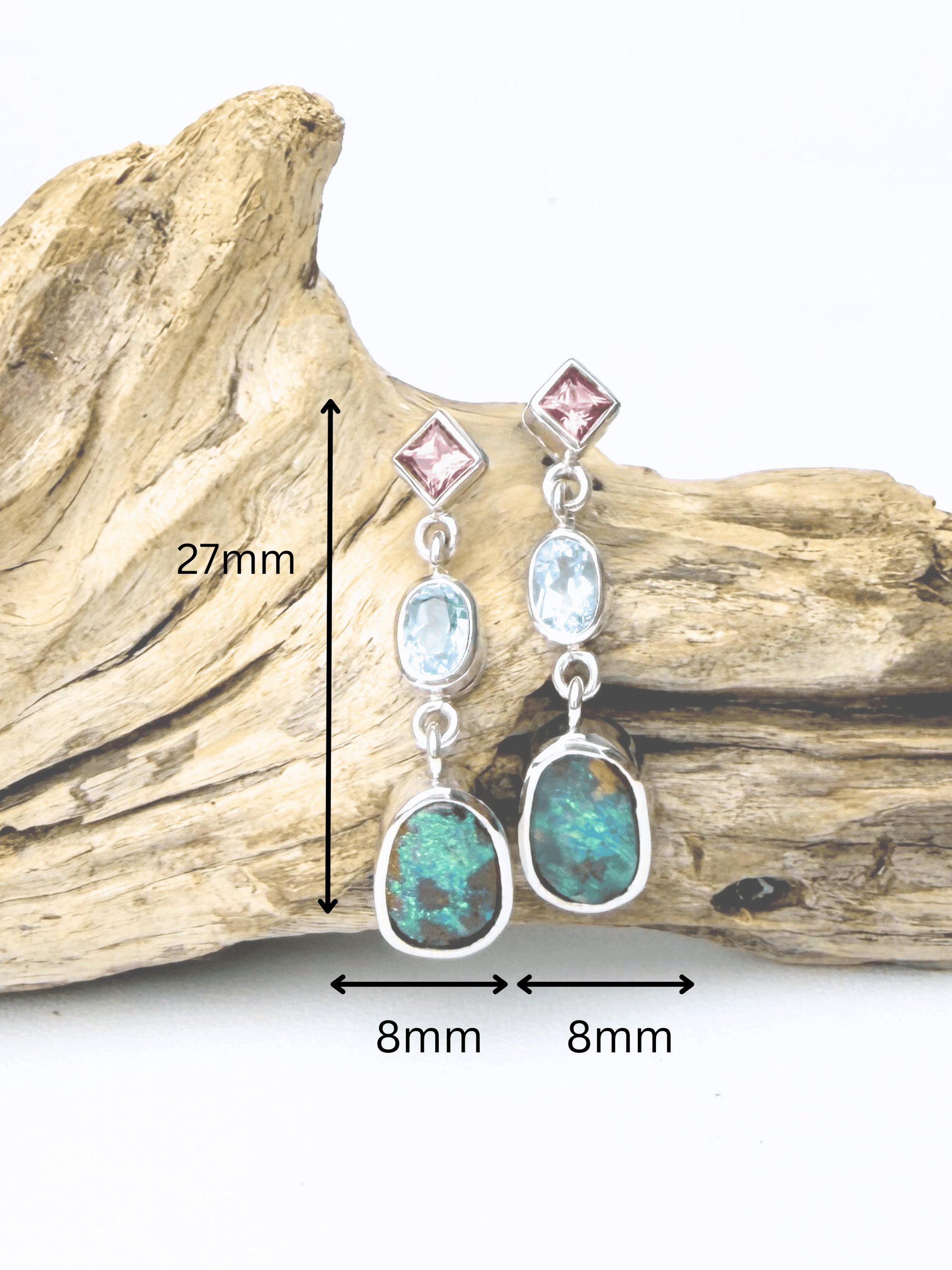 Boulder Opal, Pink Spinel and Aquamarine Drop Silver Earrings