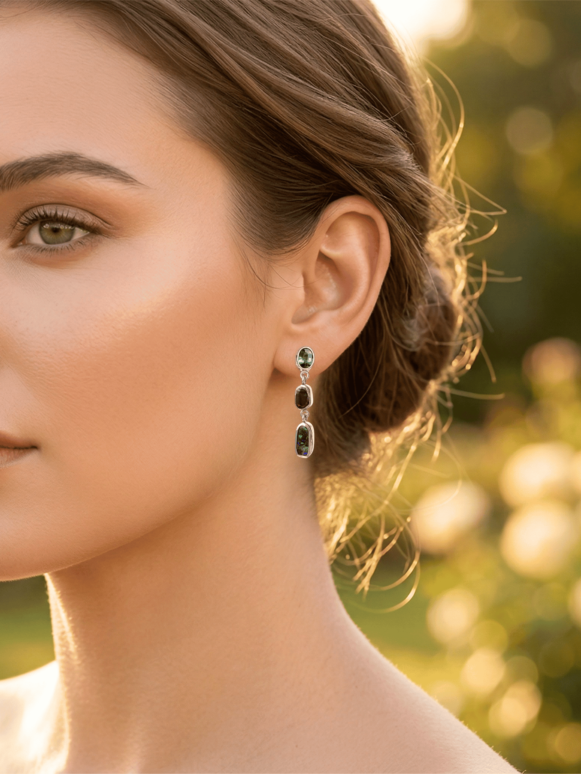 Boulder Opal and Sapphire Triple Drop Silver Earrings