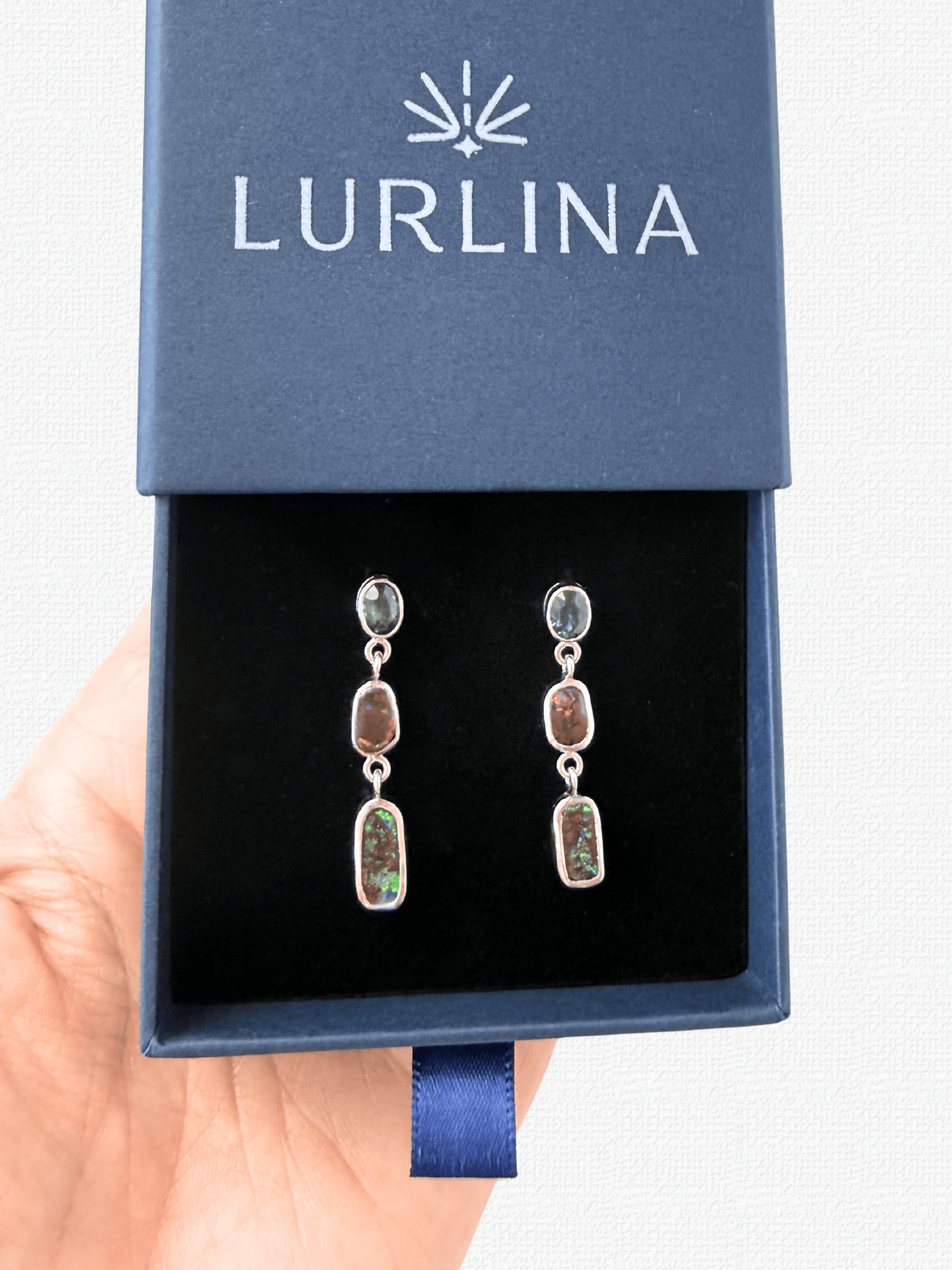 Boulder Opal and Sapphire Triple Drop Silver Earrings