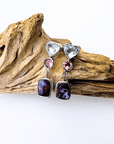 Boulder Opal, Aquamarine Heart and Pink Tourmaline Drop Silver Earrings