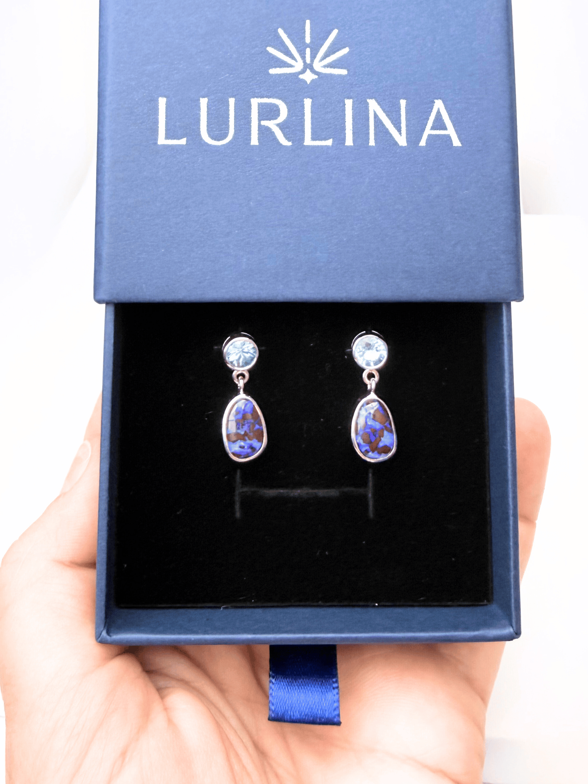 Boulder Opal and Blue Zircon Drop Silver Earrings