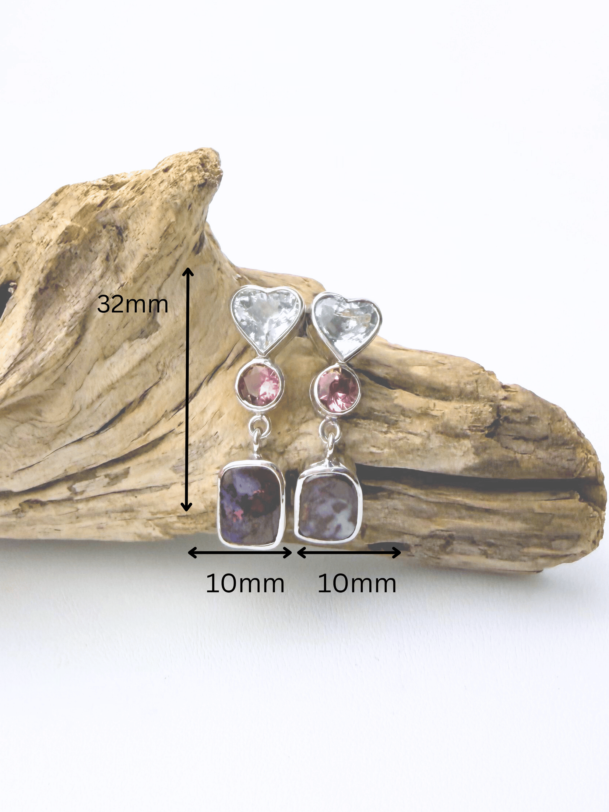 Boulder Opal, Aquamarine Heart and Pink Tourmaline Drop Silver Earrings