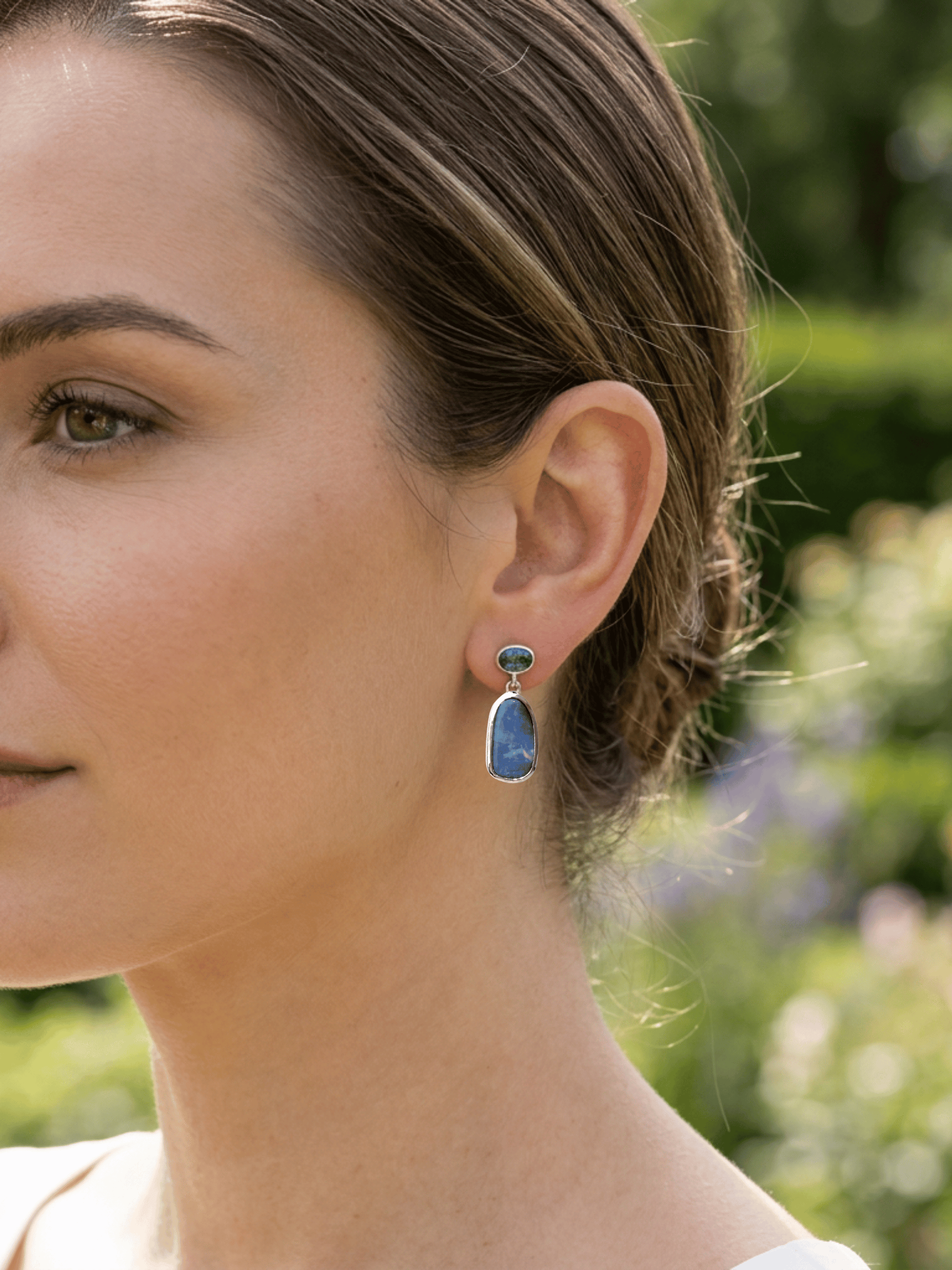 Blue Crystal Boulder Opal and Teal Sapphire Drop Silver Earrings