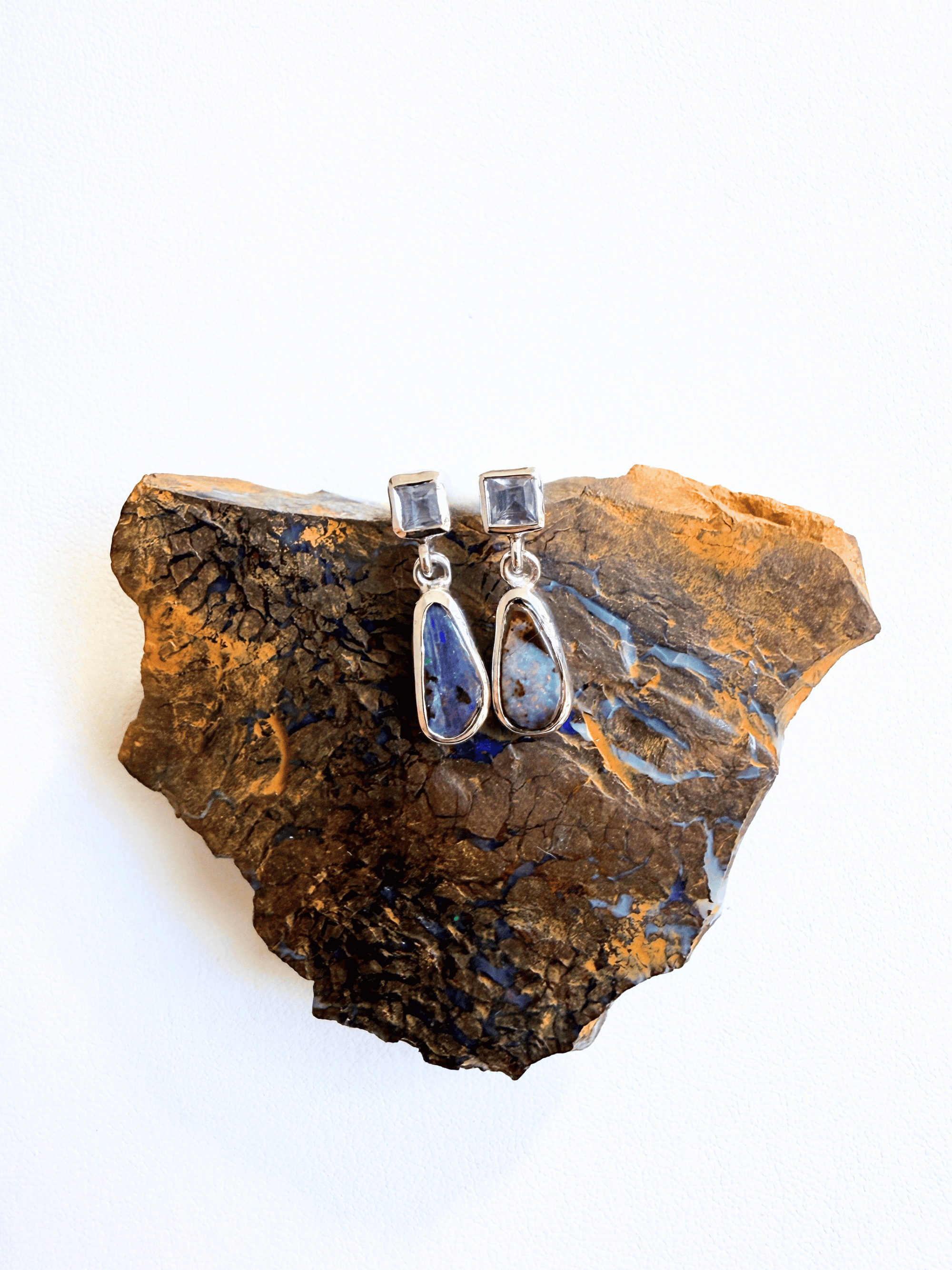 Boulder Opal Pear and Pale Blue Sapphire Silver Drop Earrings