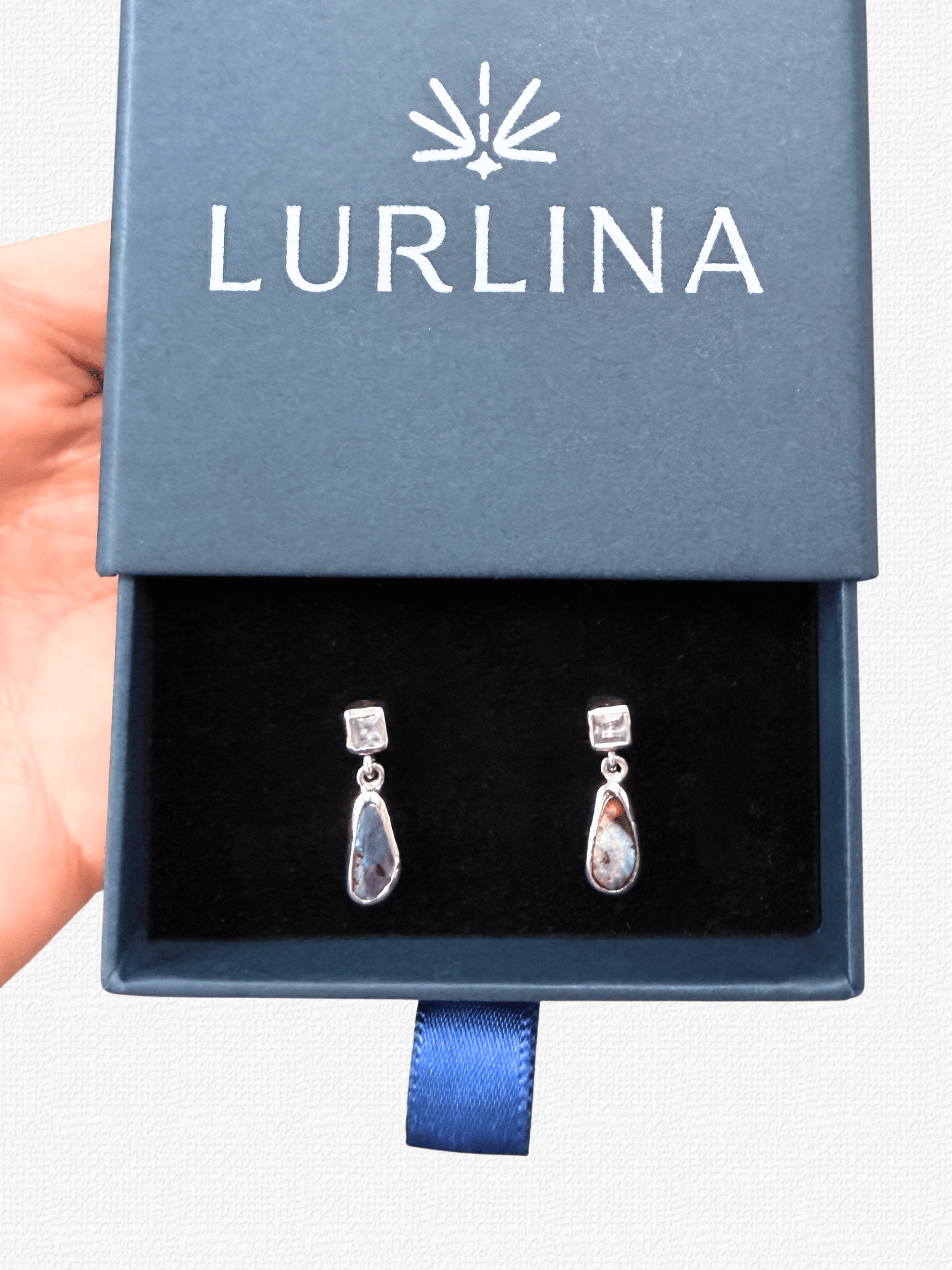 Boulder Opal Pear and Pale Blue Sapphire Silver Drop Earrings