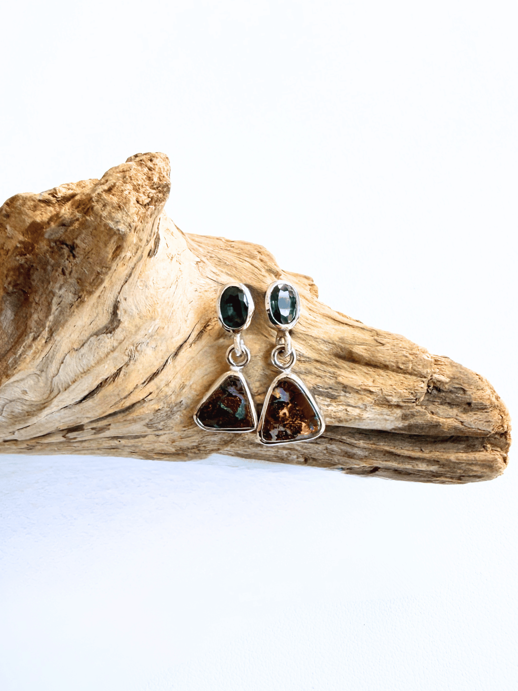 Boulder Opal Triangle and Green Sapphire Silver Drop Earrings
