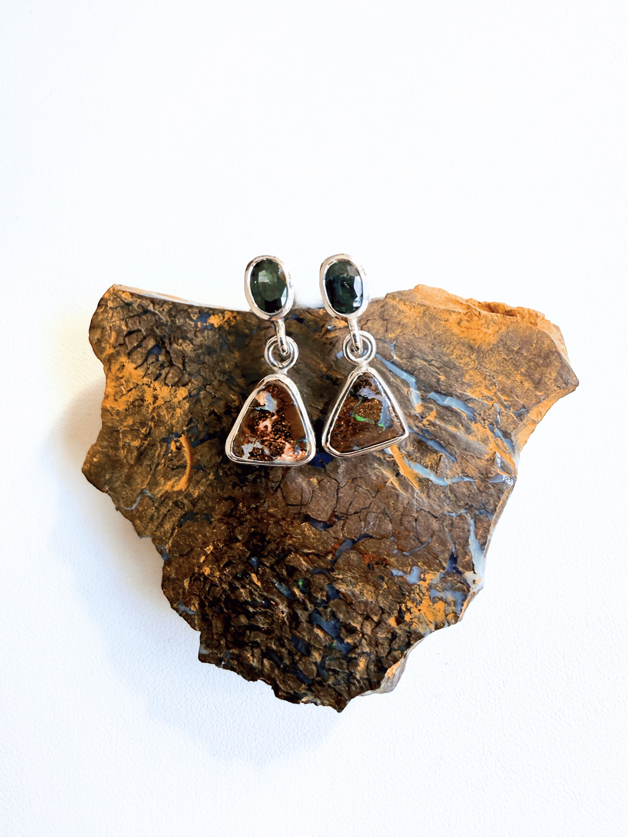 Boulder Opal Triangle and Green Sapphire Silver Drop Earrings