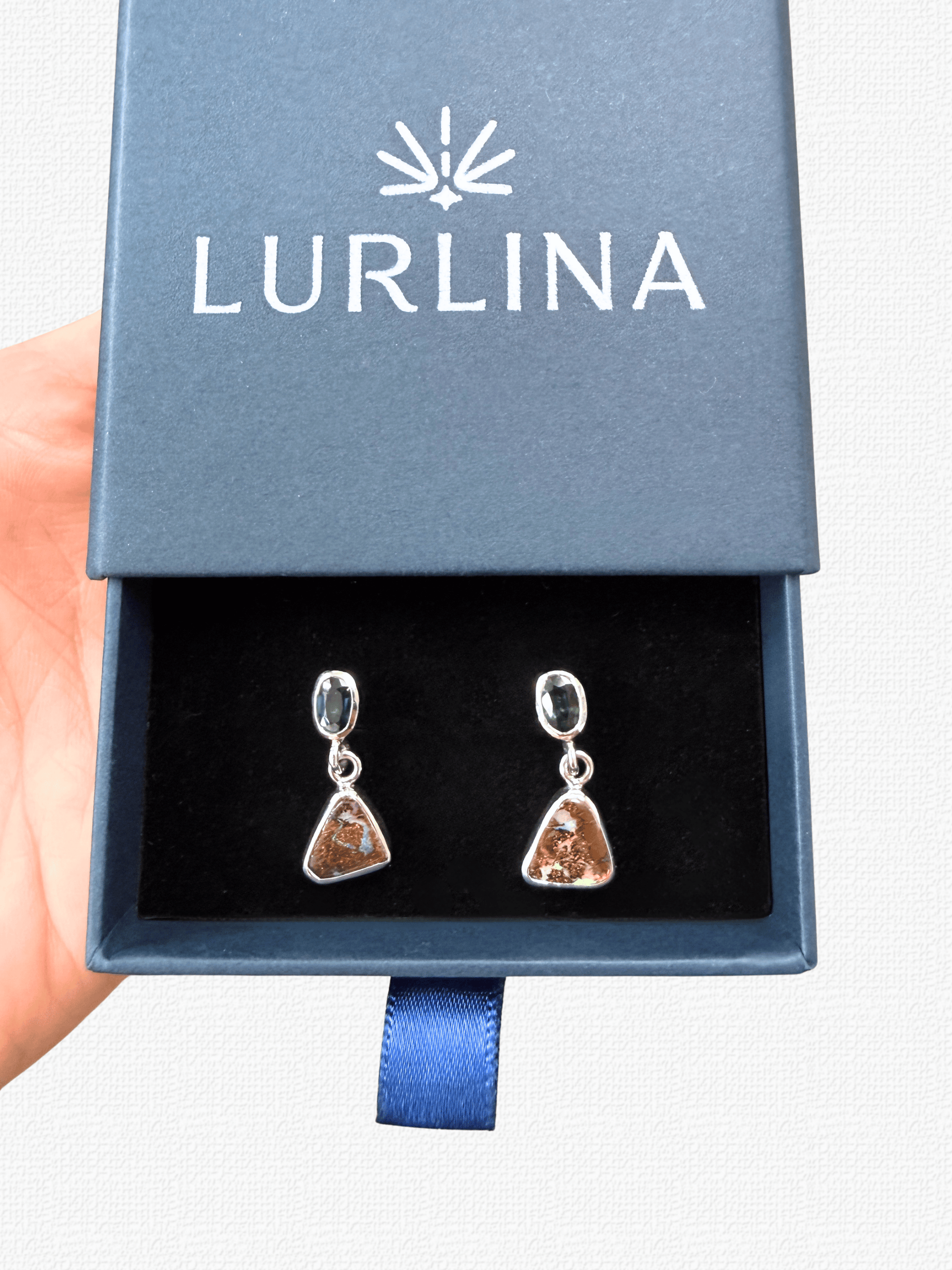 Boulder Opal Triangle and Green Sapphire Silver Drop Earrings