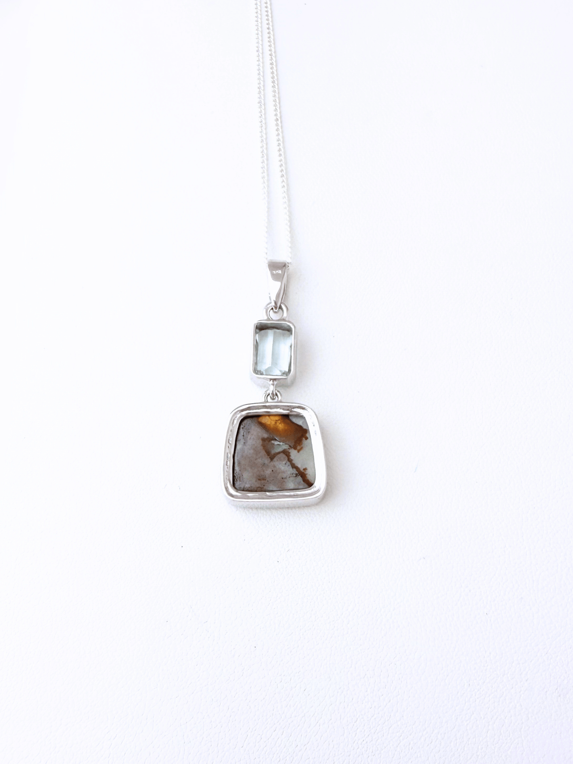 Boulder Opal Silver Square Pendant with Aquamarine